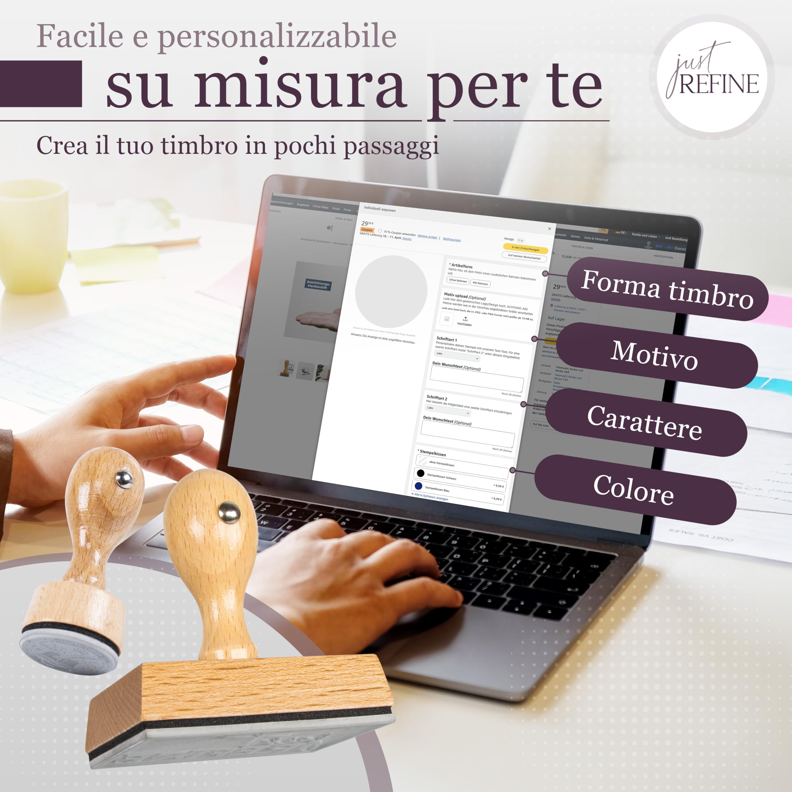 Timbro personalizzato, timbro con logo/testo, timbro aziendale con logo e testo, timbro con indirizzo e data in legno, varie dimensioni (ø 50mm)