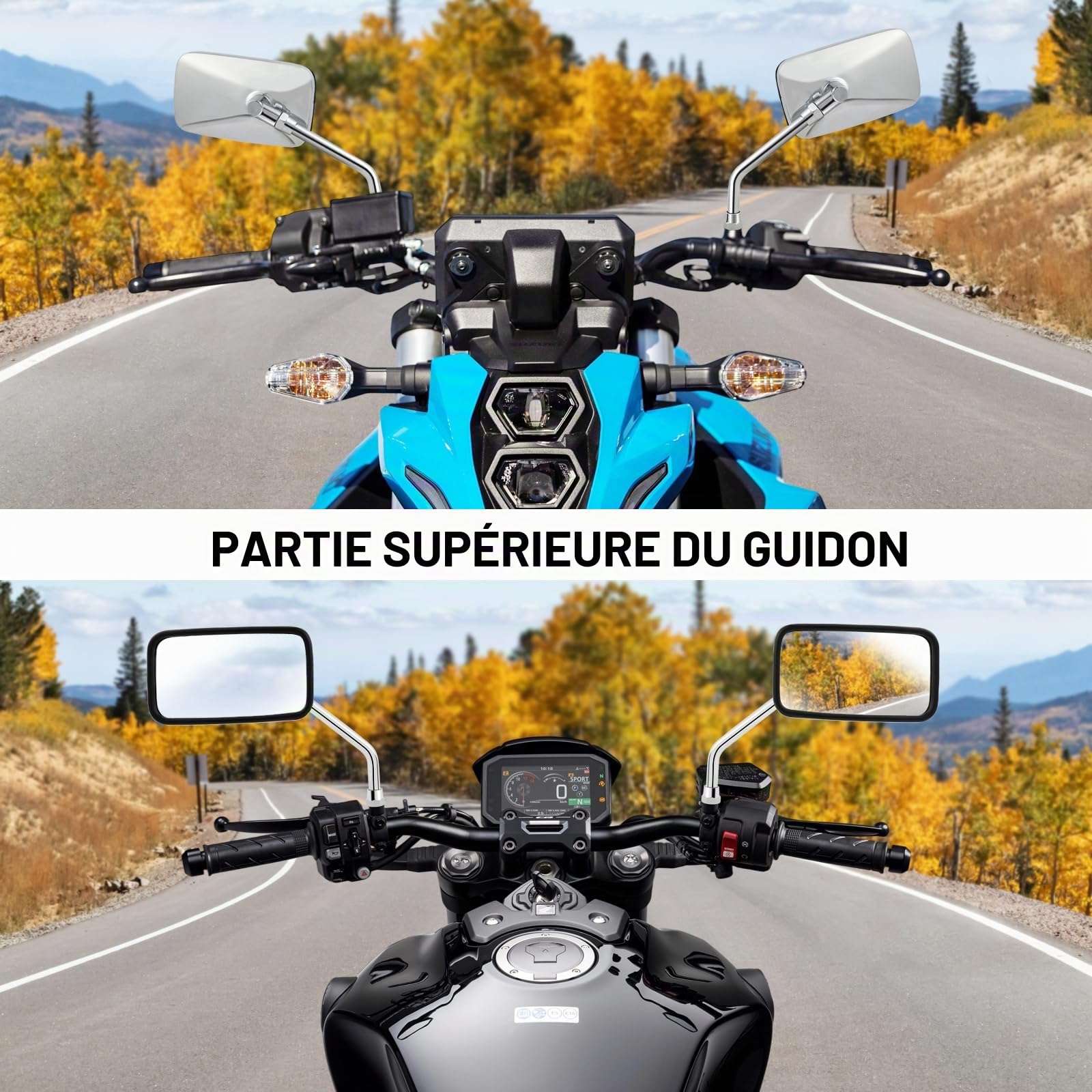 DREAMIZER Retroviseur Moto Chromé 10mm Filetage à Droite Homologué E pour Scooter, Street Bike, Cruiser, Chopper, Sport Bike, ATV