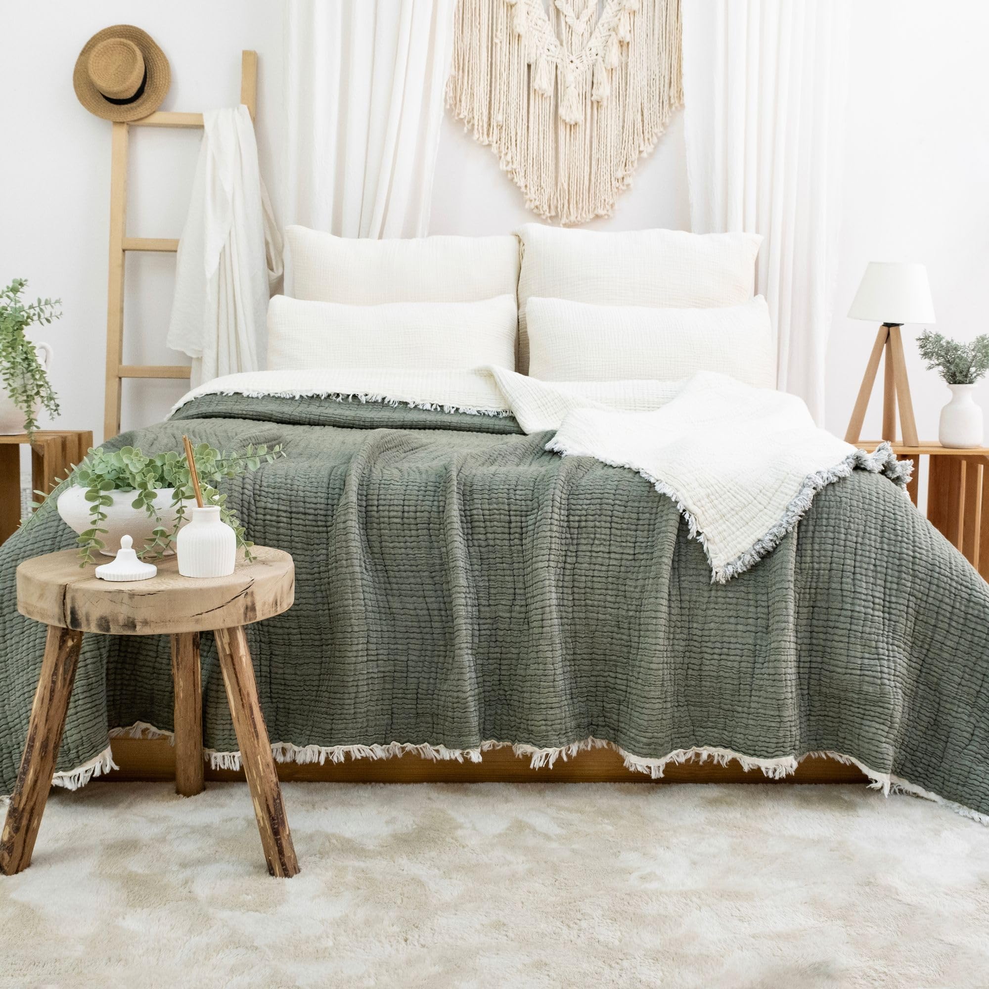 8-Layer Muslin Quilt, 100% Turkish Cotton Blanket, Ultra Soft, Lightweight Comforter, Breathable, All Season Bed Throw (Khaki Green, Twin Size (66"x86