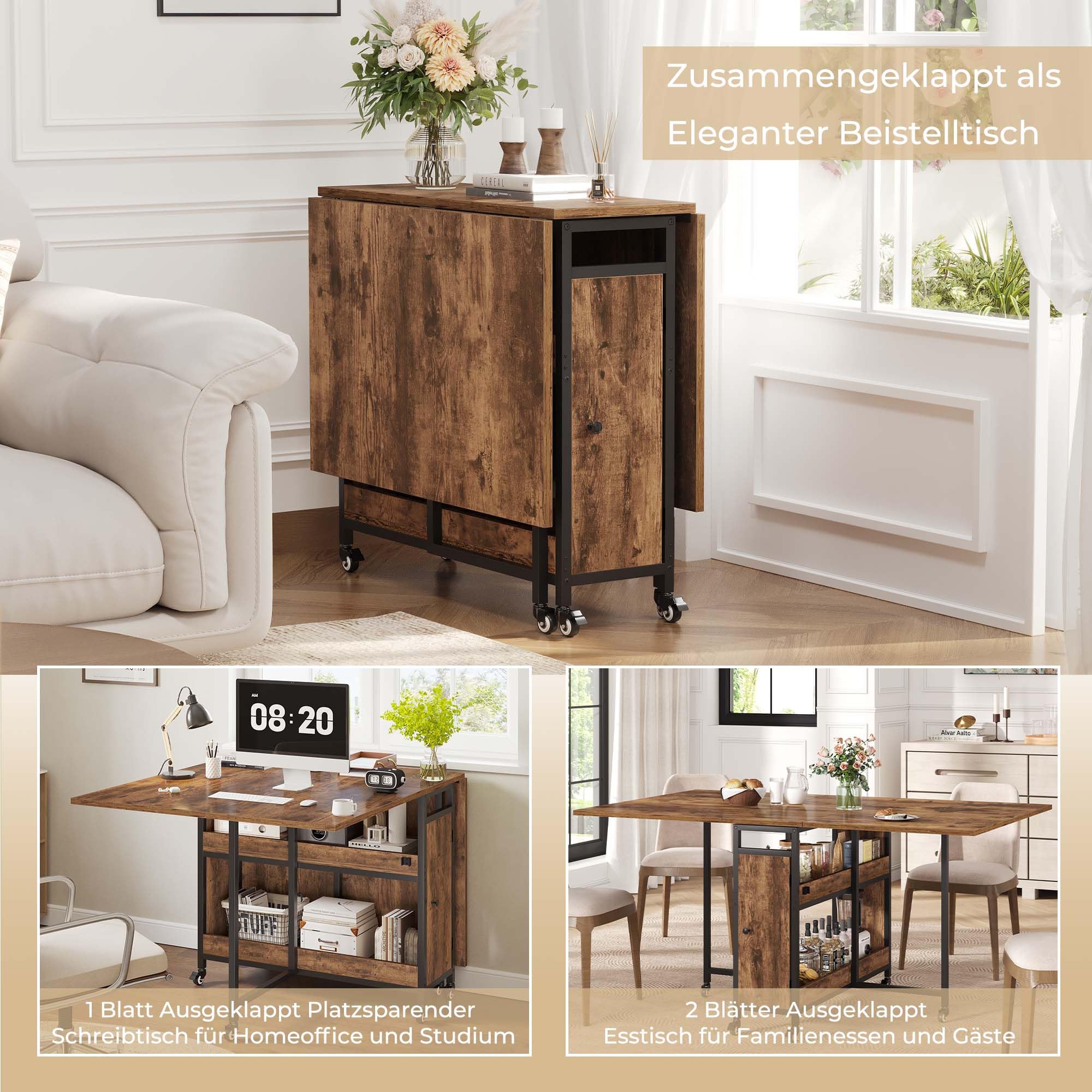HSH Klappbarer Esstisch Klapptisch Küche Mit Stauraum für Küche Küchentisch Klappbar mit 2 Regalen und Rollen Mobiler Tish Platzsparender für Wohnzimmer Wohnung Rustikales Braun 130cm