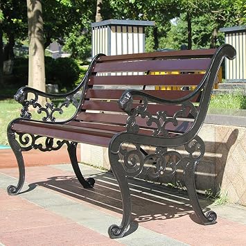 Outdoor Garden Bench Park Seat Chair, Patio Benches Chair with Cast Iron & Hardwood Structure, Weather Proof Porch Outdoor Furniture Loveseat, Perfect for Backyard, Deck, Lawn, PoolsideA