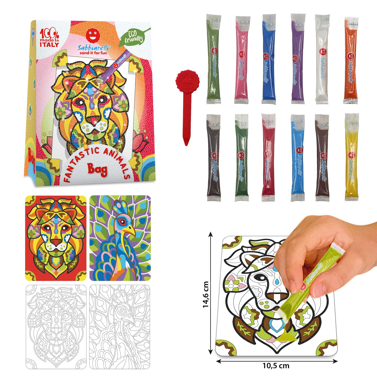 Sabbiarelli Sand-it For Fun - Bag Fantastic Animals - Mini Set Lavoretti Creativi: Colora con la Sabbia i disegni degli animali fantastici, 12 colori, Regalino Bambini Anni 8+