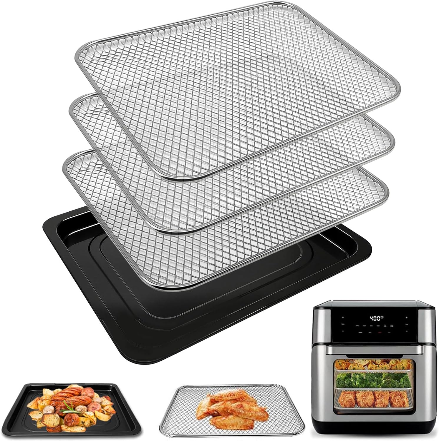 4 Pieces Set Air Fryer Tray Basket for Instant Vortex Plus10 Quart, 10.2×9'' Food Grade Replacement Parts Rack Grill Pan Crisper Plate for Innsky CROWNFUL 10.6Qt Air Fryer Oven, Dishwasher Safe