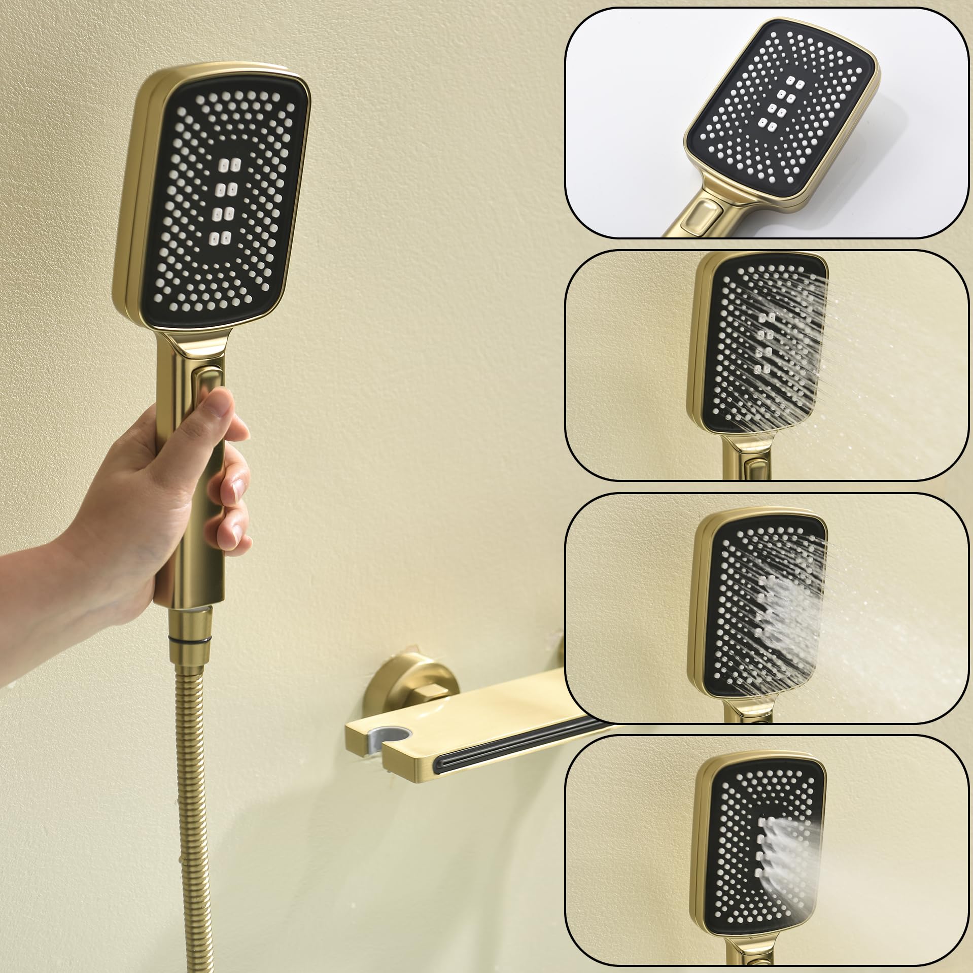 XJTNLB Robinet de Baignoire avec Douchette Mitigeur Douche Or Brossé, Mitigeur Cascade Baignoire Robinet Bain Douche Mural en Laiton