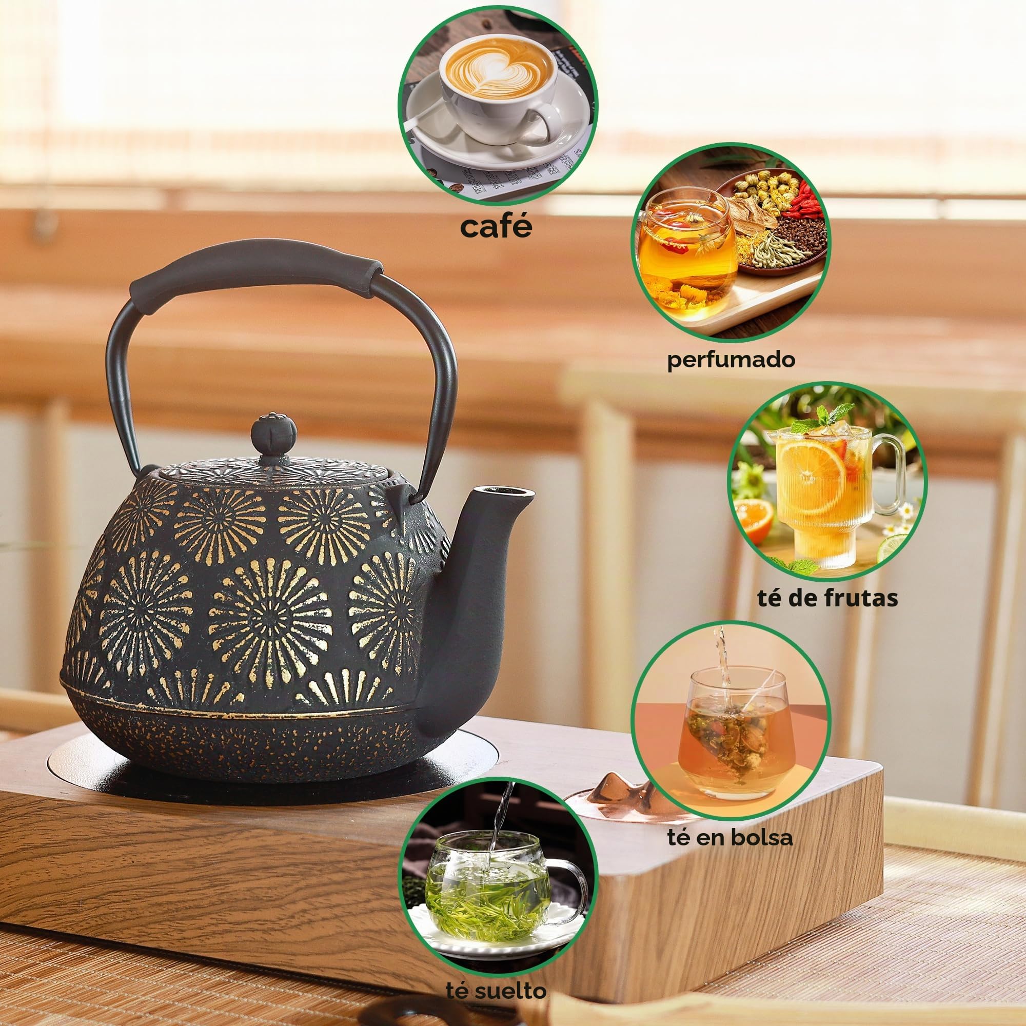 Tetera MILVBUSISS de hierro fundido, 1200 ml, gran capacidad, tetera con infusor para la estufa, tetera japonesa para hojas sueltas, revestida con interior esmaltado, asa de silicona,