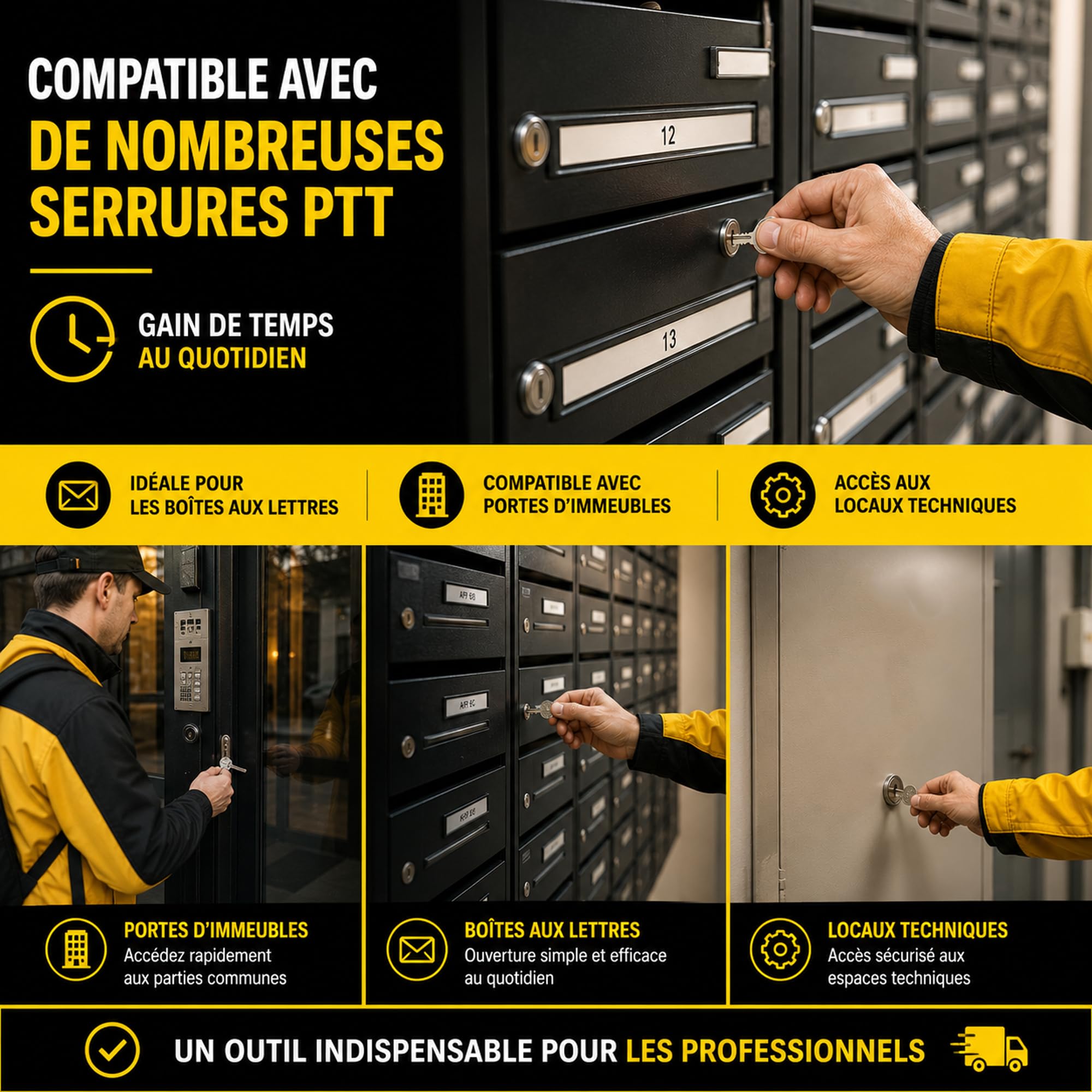 TROUSSEAU COMPLET DE LIVREUR 21 CLÉ PASS PTT UNIVERSELLE | POUR SERRURES DE BOÎTES AUX LETTRES ET PORTES D’IMMEUBLES | CLÉ PASSE PARTOUT A10 JUSQU'À U10 | ESSENTIEL POUR LIVREURS ET FACTEURS
