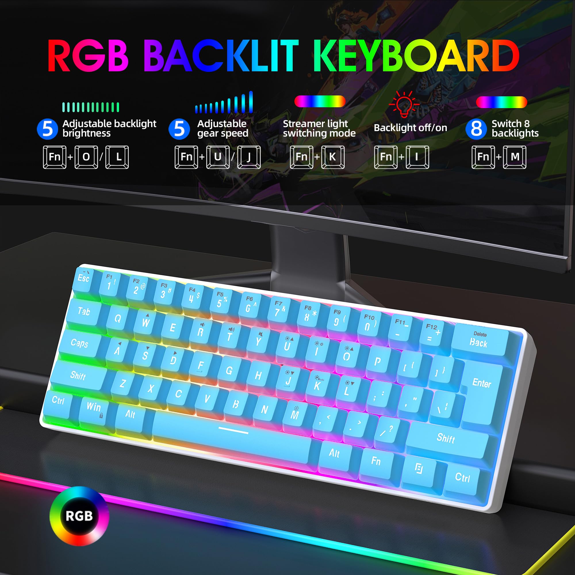 Snpurdiri 60% Wired Gaming Keyboard, 61 Keys RGB (Blue) view 3