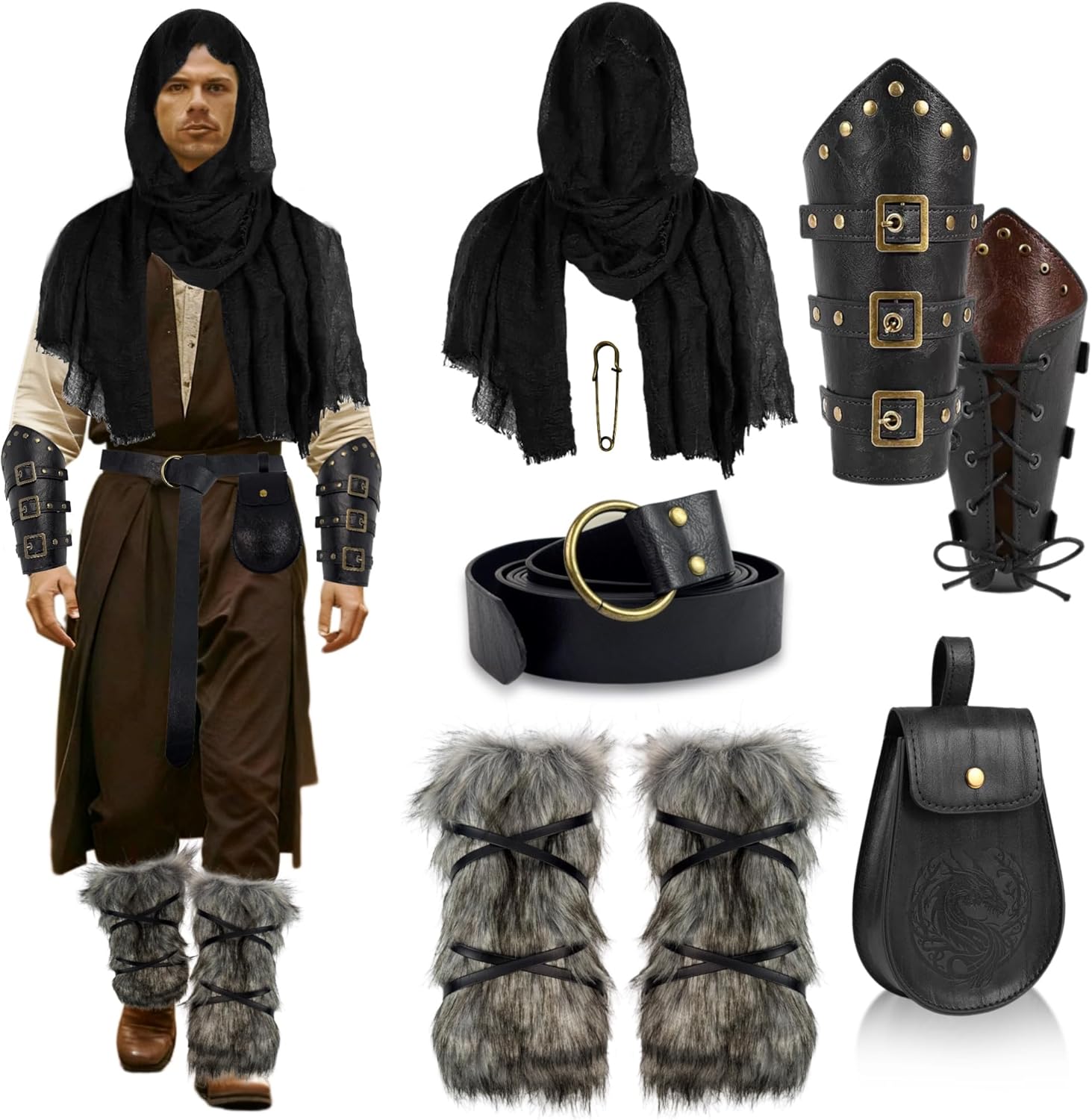 7 PCS Renaissance Costume Accessories Set Leather Viking Belt Pouch Arm Guards Leg Wraps Shawl LARP Ren-Fair Halloween