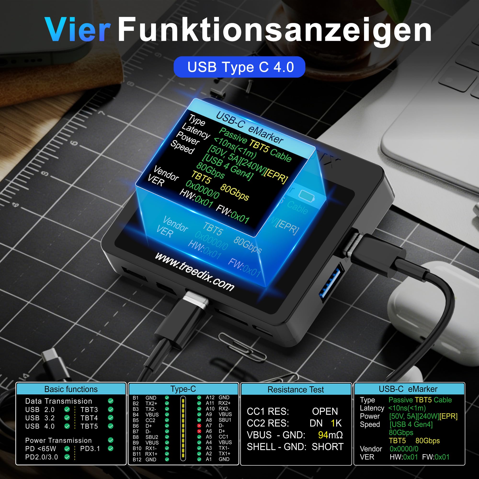 Treedix USB-Kabeltester, 2,4-Zoll-Farbdisplay USB-C-Kabeltester,USB-Tester unterstützt Kabeltests, Widerstandstests, Type-C eMarker für Lightning, Micro-B 2.0, Micro-B 3.0, Type-C, Mini-B