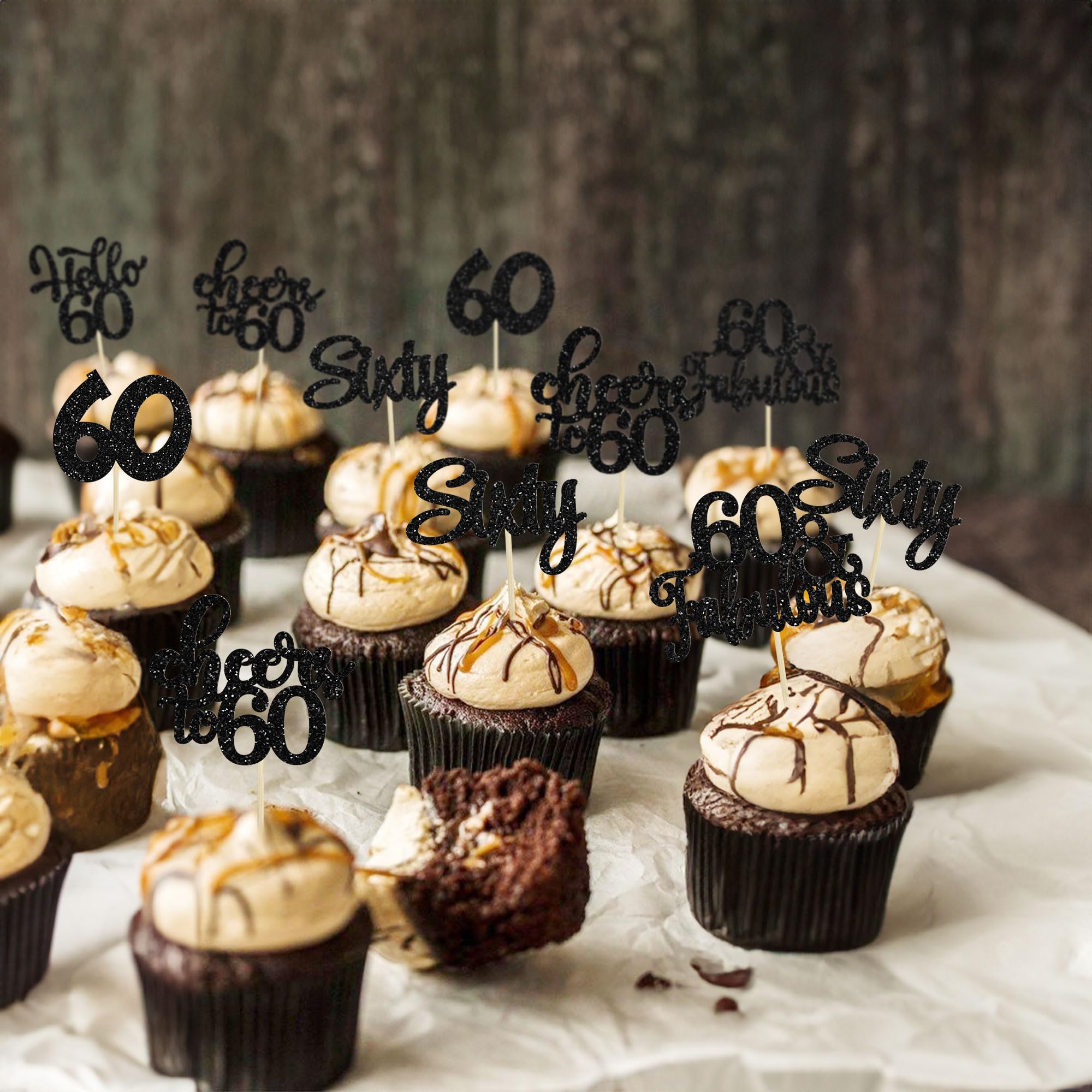 24Pcs Rose Gold Glitter 60th Birthday Cupcake Toppers – Hello 60 & Fabulous Cake Decorations