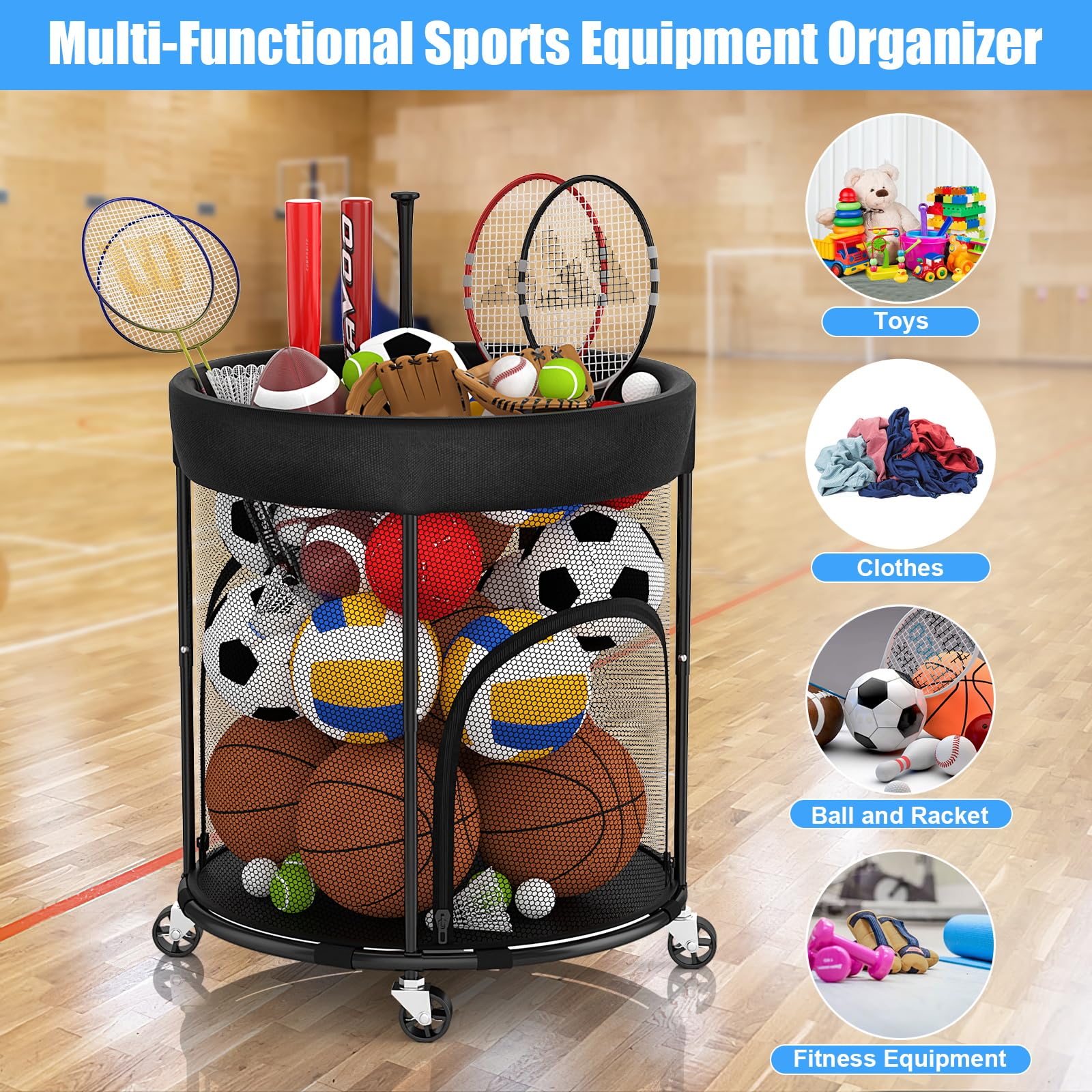 Ballaufbewahrung, Garage, Sportausrüstung, Organizer, Basketballhalter, Ballregal, Basketball-Organizer, Spielzeug-Aufbewahrung, Ballwagen mit Rädern, seitlichem Reißverschluss, einfacher