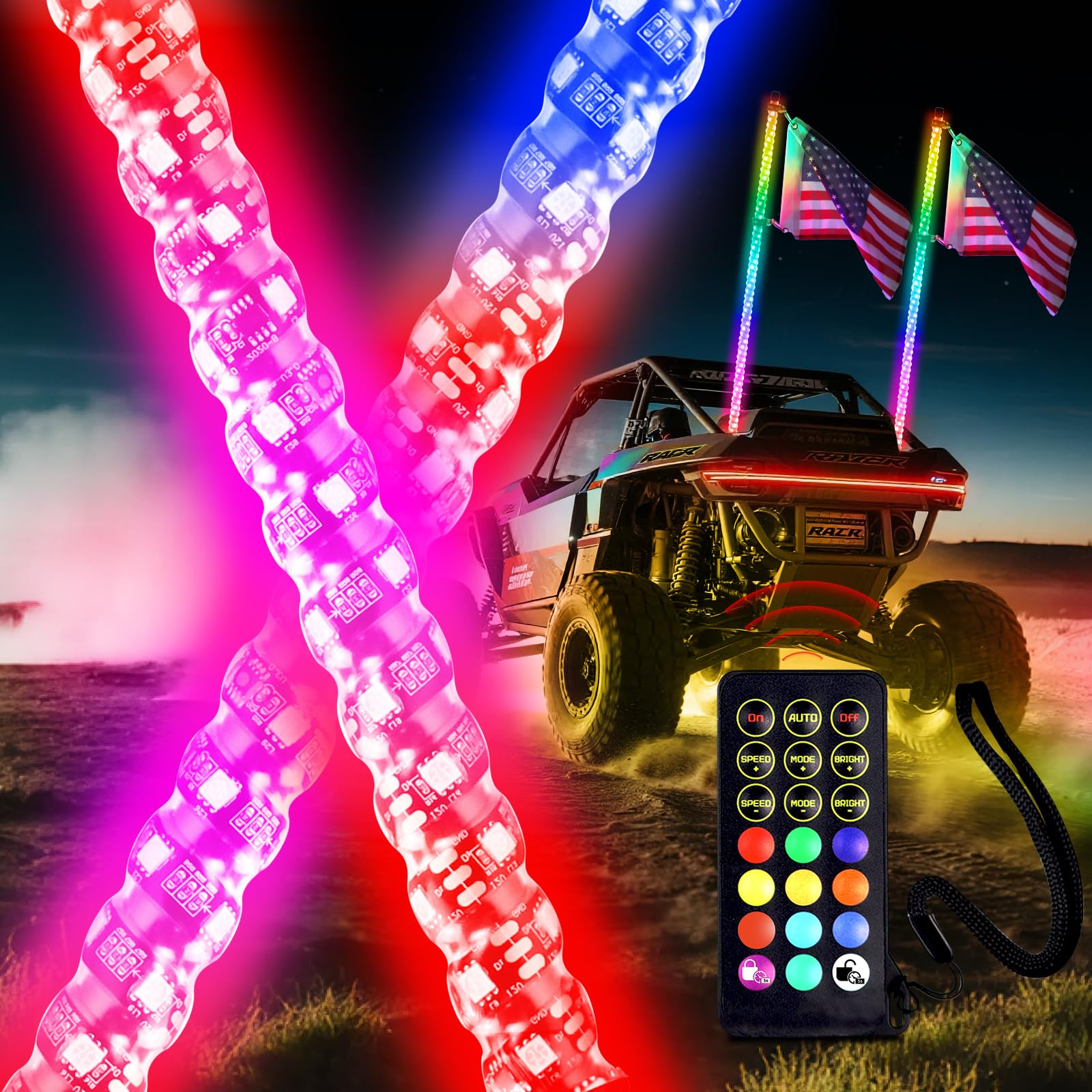 Beatto 2PCS 3FT RF Remote RGB LED Whips Light