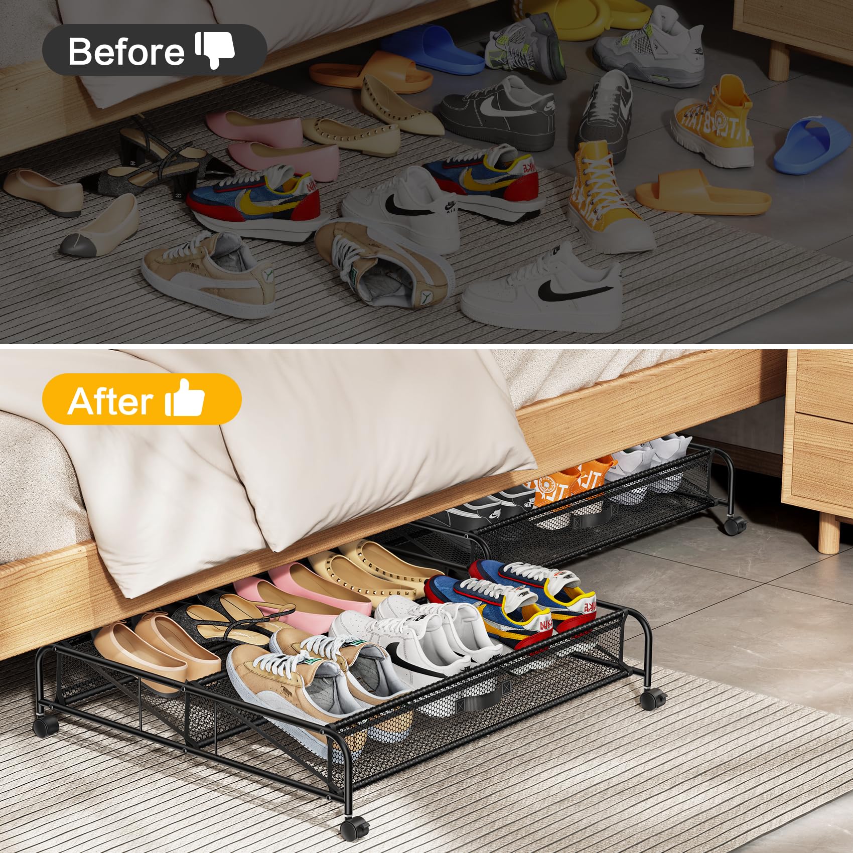 Organizer per scarpe sotto il letto, confezione da 2 contenitori con ruote per organizzare le scarpe in camera da letto