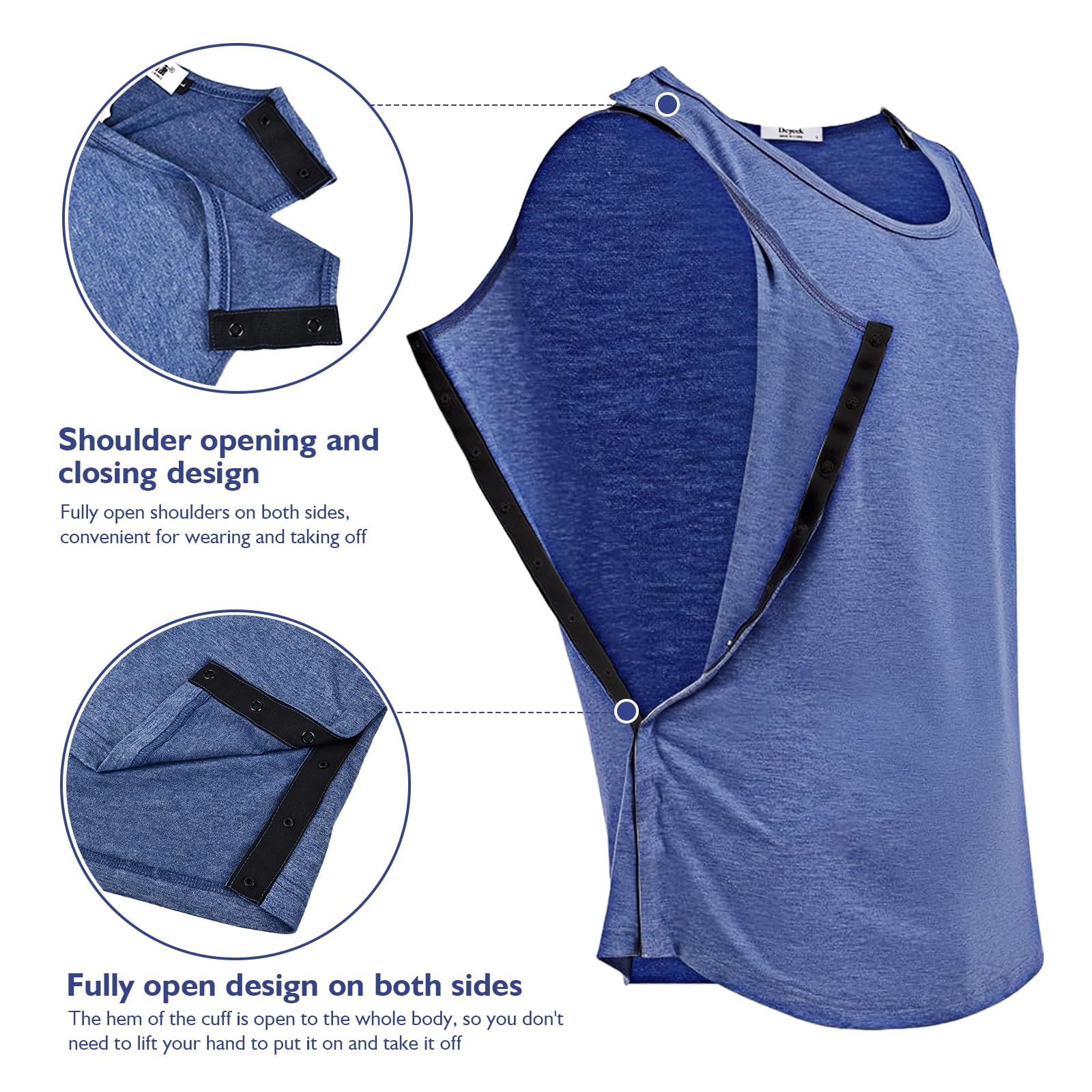 Dokeno Koszulka Snap Open Tearaway Tanktop, koszulka unisex po operacjach na ramionach, z zapięciem zatrzaskowym, koszulka bez rękawów, wygodna i szybka