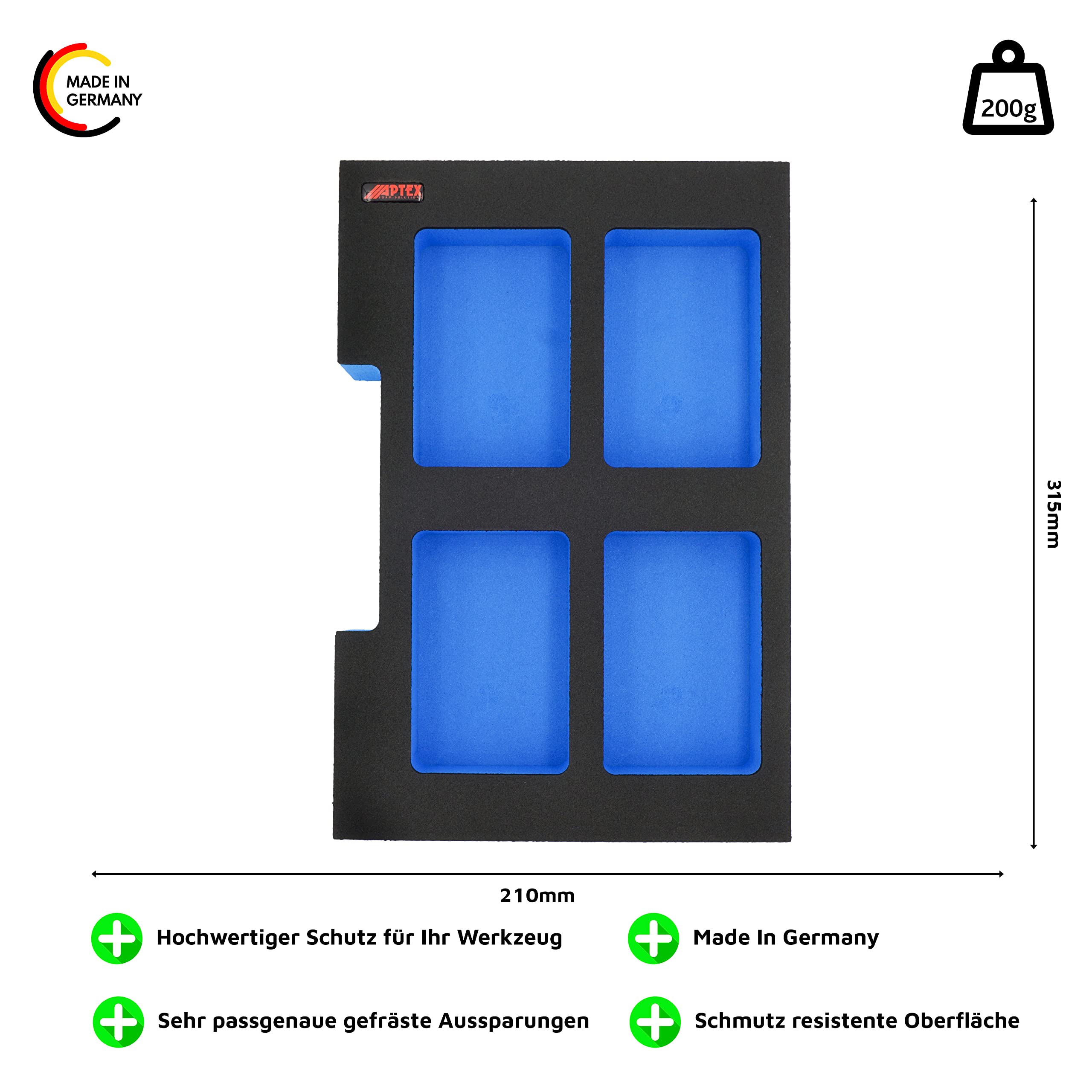 APTEX Schaumeinlage passend für 4x Bosch Akkus GBA 18V (kein ProCore) für halbe Bosch L-Boxx