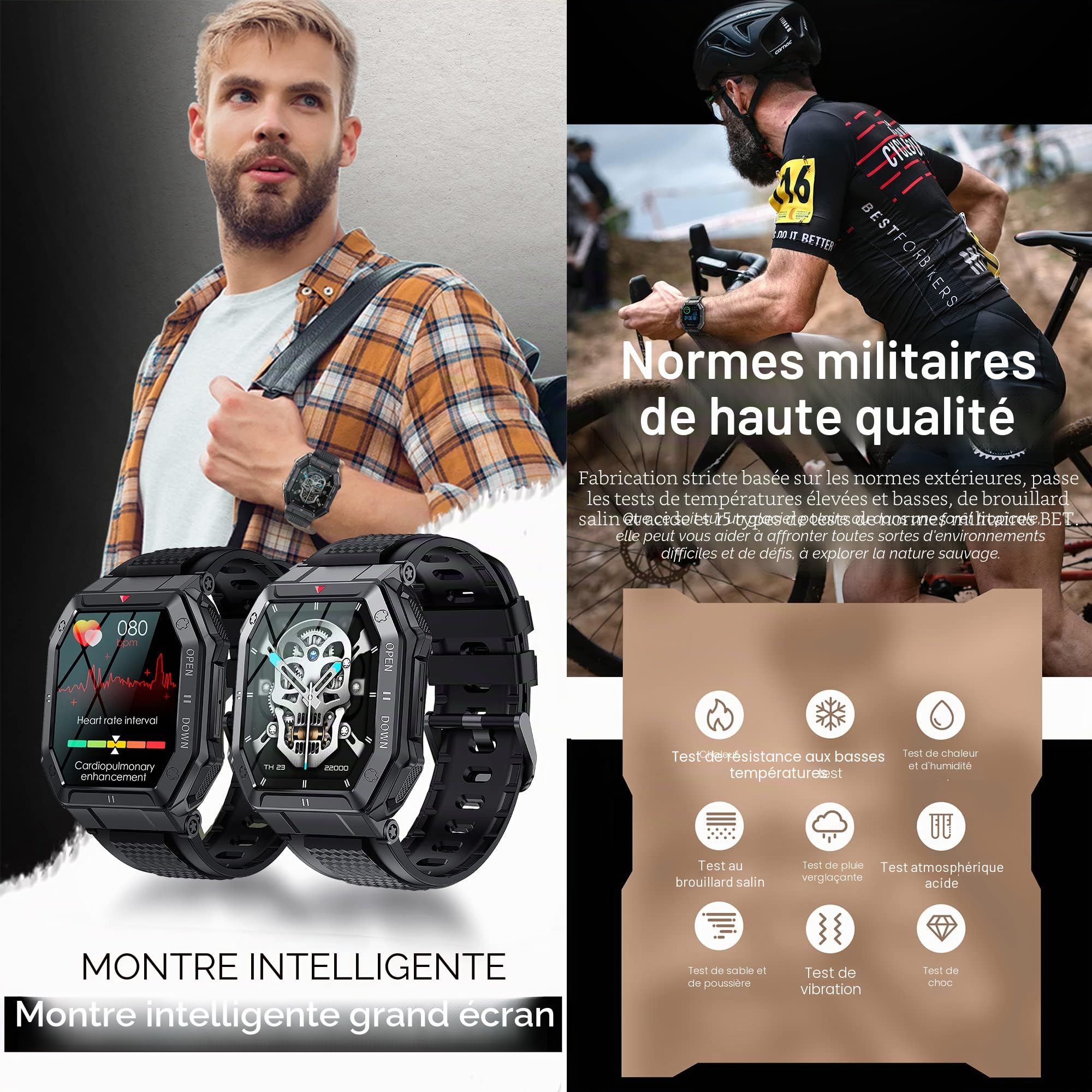 Montre Connectée Homme Appel Bluetooth, 1.85'' IP69K Étanche Montre Intelligente Militaire Smartwatch avec 24 Modes Sport, Moniteur Fréquence Cardiaque, Tensiomètre, SpO2, pour Android iOS Noir