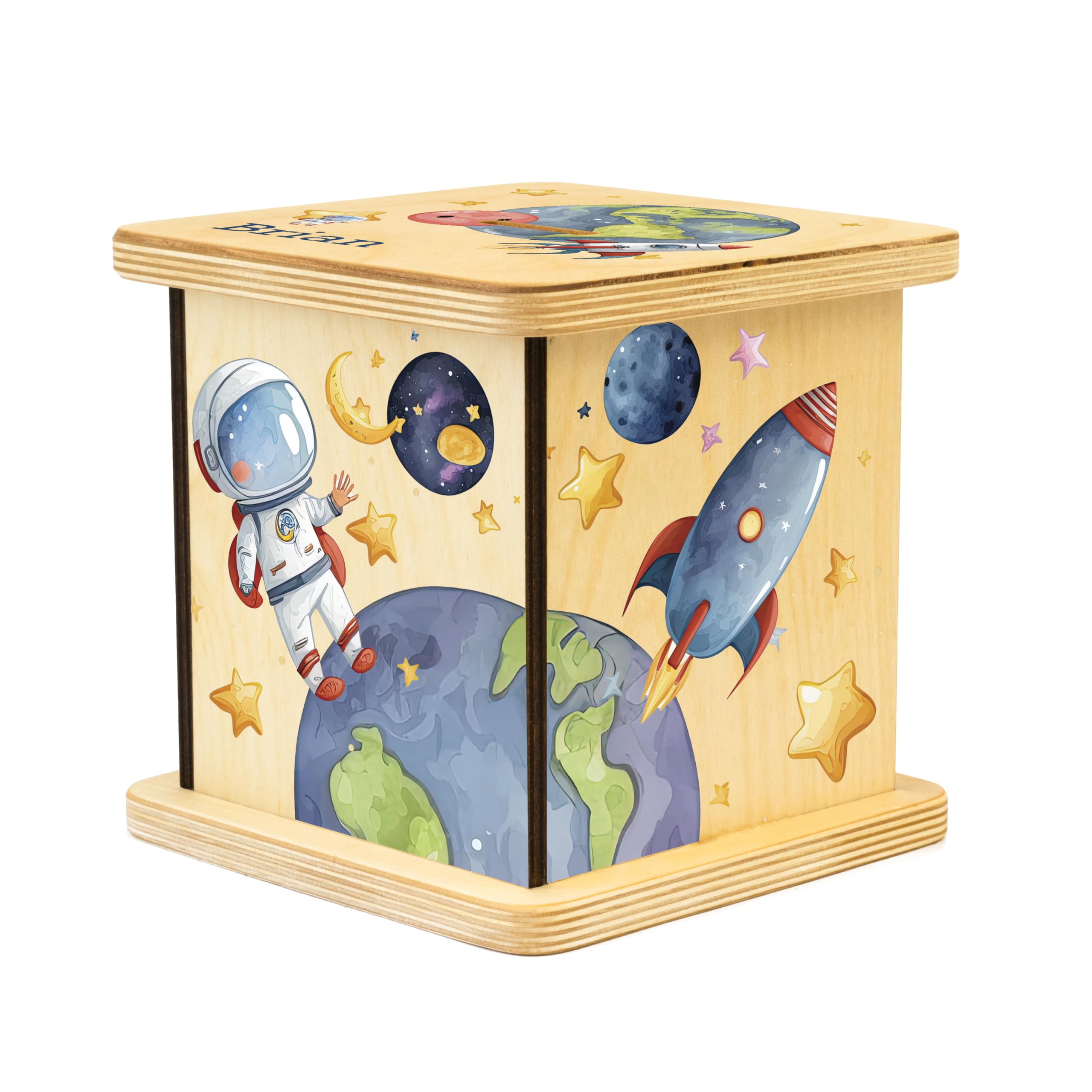 Wooden Piggy Bank for Kids and Adults, Personalized Gift Handmade in USA by BloomOwl, Custom Piggy Bank, Personalized Banks for Kids, Gifts for Baby Boys and Girls (Astronaut)