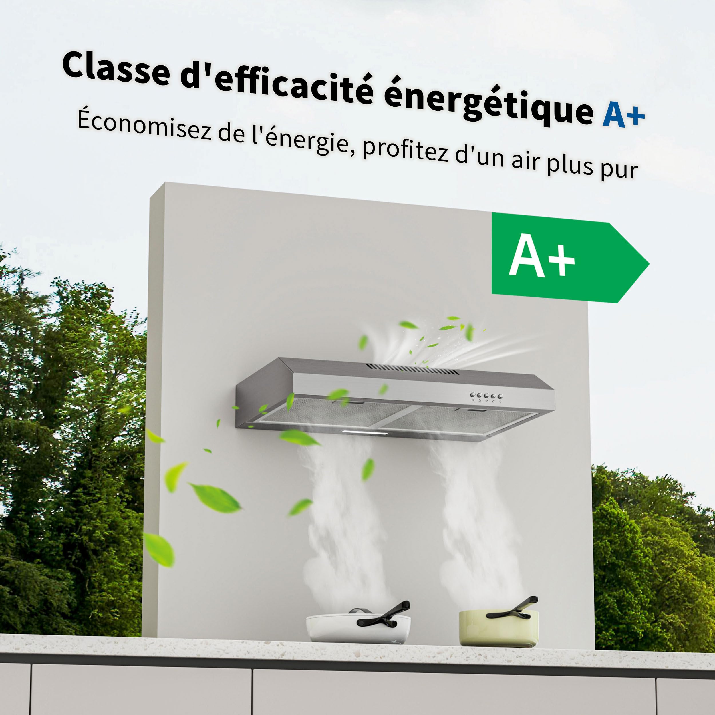 FIREGAS Hotte Aspirante 60 cm en Acier Inoxydable – Moteur Sans Balais, 3 Vitesses, 250 m³/h, Classe Énergétique A+, Faible Niveau Sonore, Installation Murale ou Sous Meuble