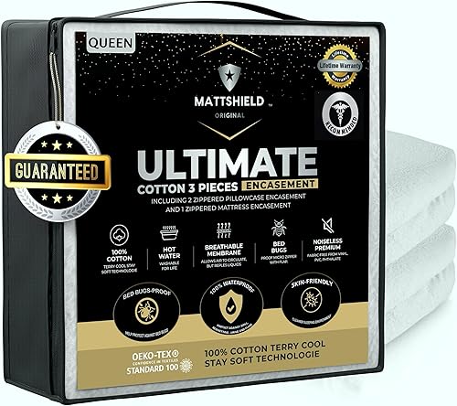MATTSHIELD Ultimate Kit de 3 Piezas - Funda de Colchón a Prueba de Chinches Tamaño Queen 100% Algodón Superior + 2 Protectores de Almohada con