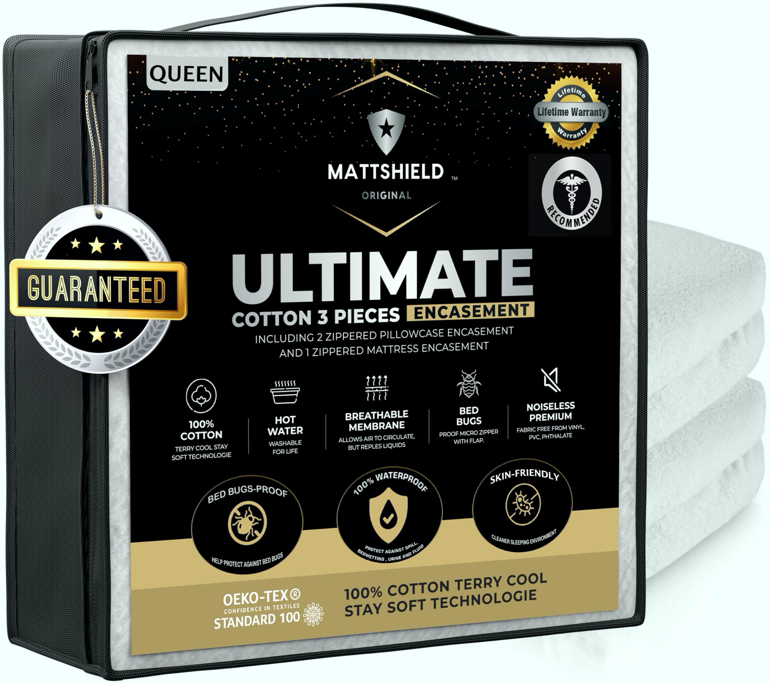 MATTSHIELD Ultimate 3-Piece Kit - Bed Bug-Proof Mattress Cover Queen Size 100% Cotton Top + 2 Pillow Protectors with Zipper - 6 Sided Waterproof Encasement, Total Defense Kit