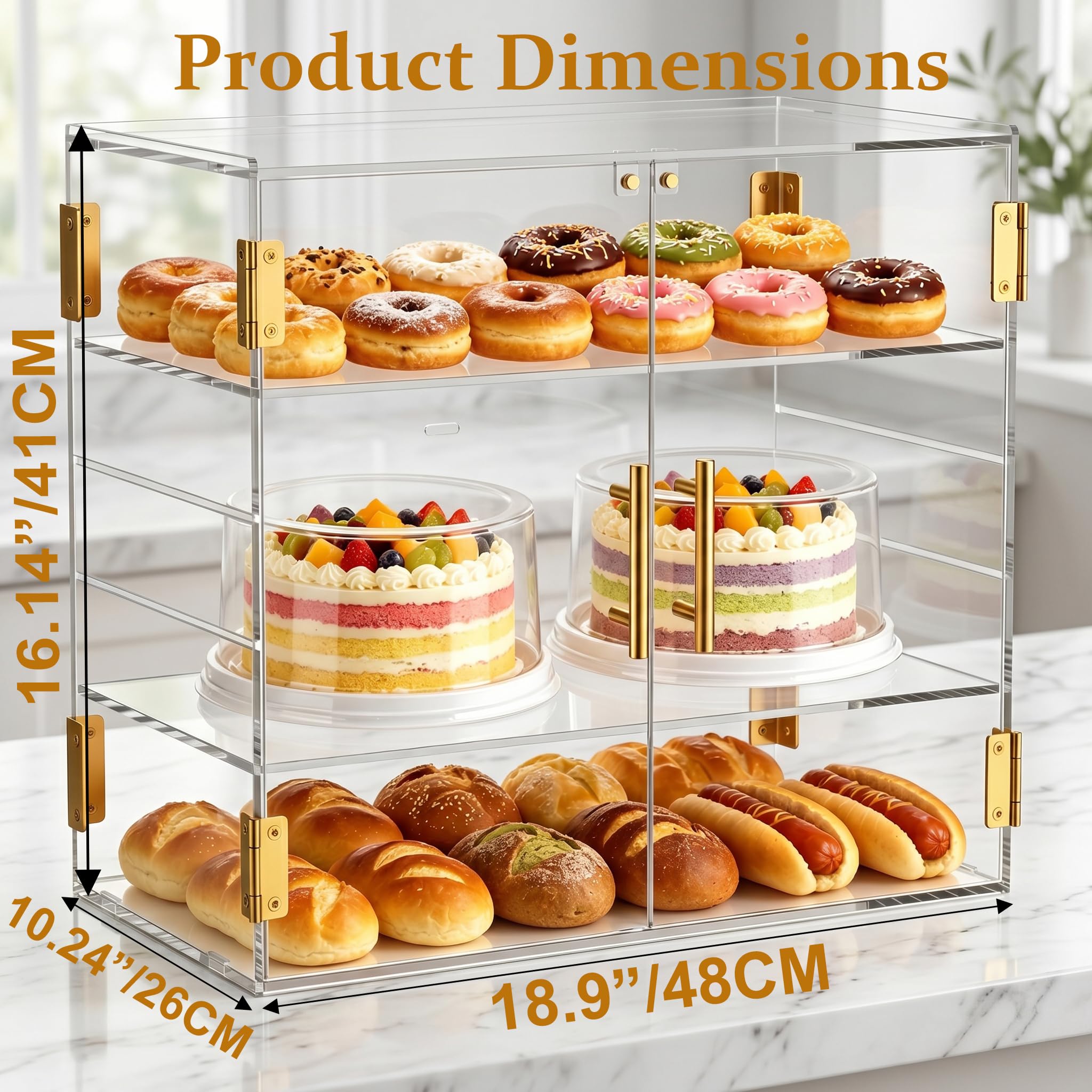 Vitrina de panadería mejorada de 3 niveles con puerta magnética | Vitrina acrílica para repostería de altura ajustable, para pan, postres, cosméticos, baño