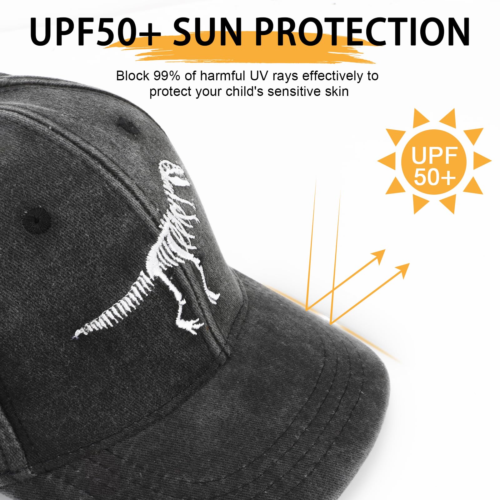 QKURT Gorra de Béisbol para Niños, Gorra de Sol de Verano, Gorra Deportiva con Protección UV, Gorra de Camionero Ajustable con Patrón de Dinosaurio para Niños de 3 a 8 Años
