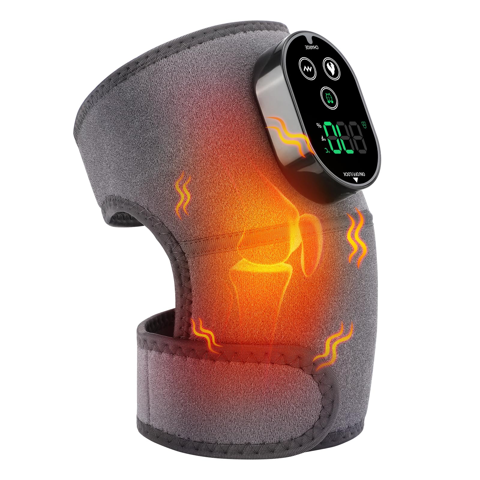 Fascia Riscaldante Per Ginocchio Senza Fili, Pad Riscaldante Per Spalla E Gomito Con Controllo Touchscreen, 6 Livelli Di Riscaldamento, 3 Modalità Di Massaggio E Timer, Batteria 3000mAh-Grigio