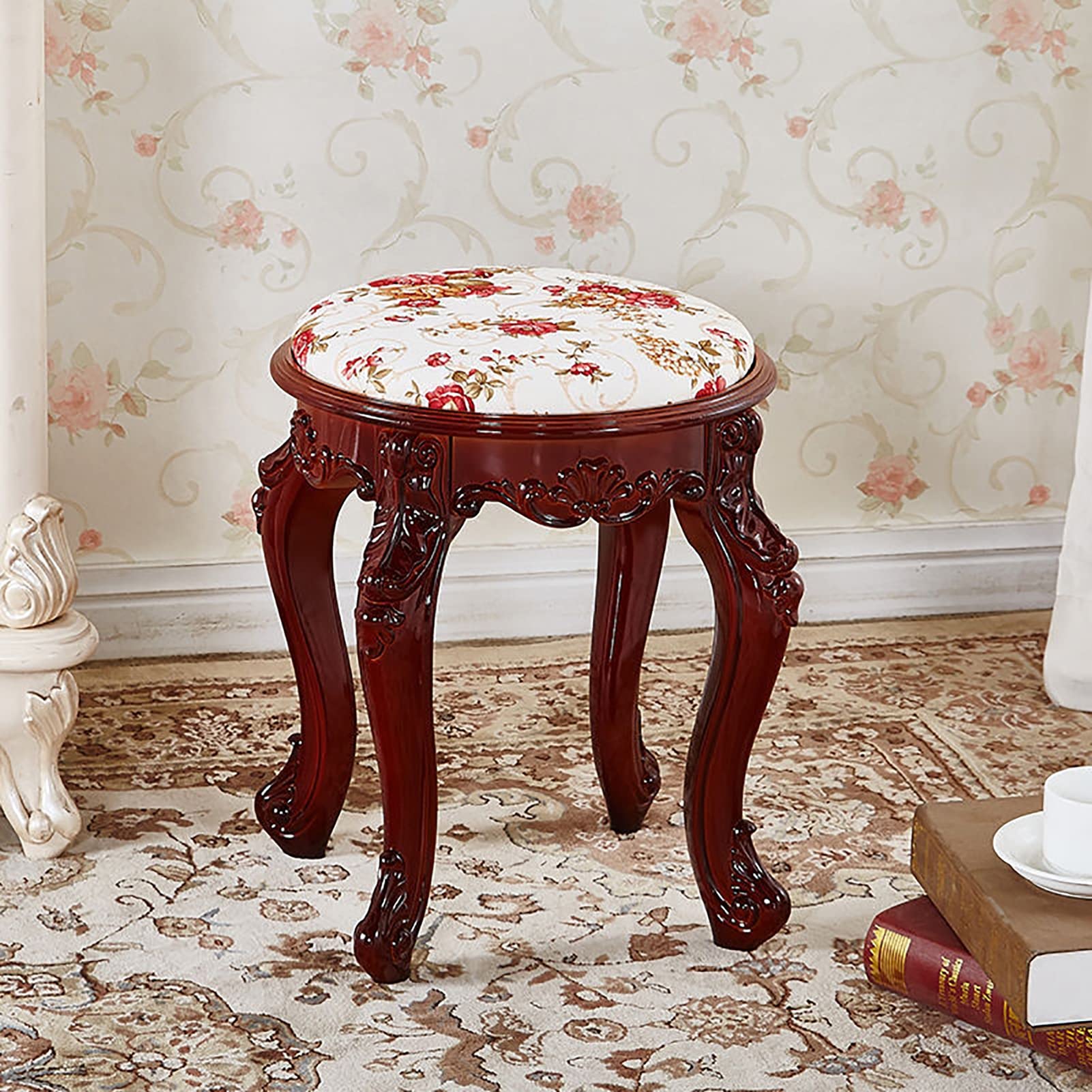 Asiento de piano con flores talladas y taburete de tocador clásico en madera
