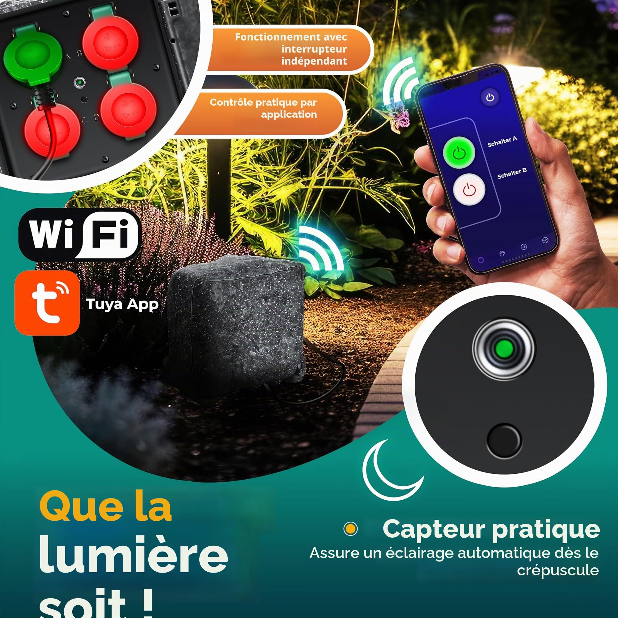 KESSER® Prise de jardin aspect pierre 4 prises - Prise extérieure étanche IP44 - Prise multiple pour extérieur jardin terrasse avec capteur crépusculaire - Câble de 3 m - 3680 W - 16 A + kit de