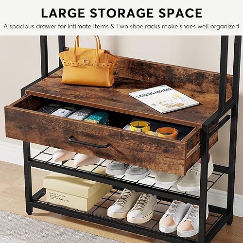 Miniatura 3 de Tribesigns Árbol de entrada 3 en 1 con cajón, perchero industrial vintage con banco de zapatos y gabinete, banco de vestíbulo con estante de
