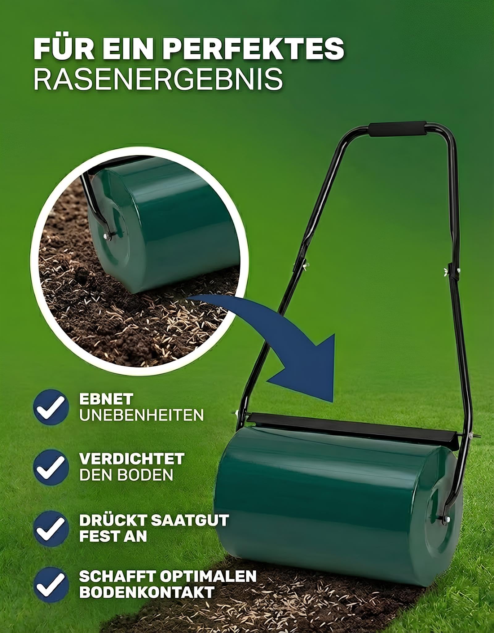 Rasenwalze aus Metall 48 l – befüllbare Gartenwalze mit 60 cm Arbeitsbreite | ergonomischer Griff, Schmutzabweiser, bis 60 kg Gewicht | ideal zum Andrücken von Saatgut & Bodenverdichtung