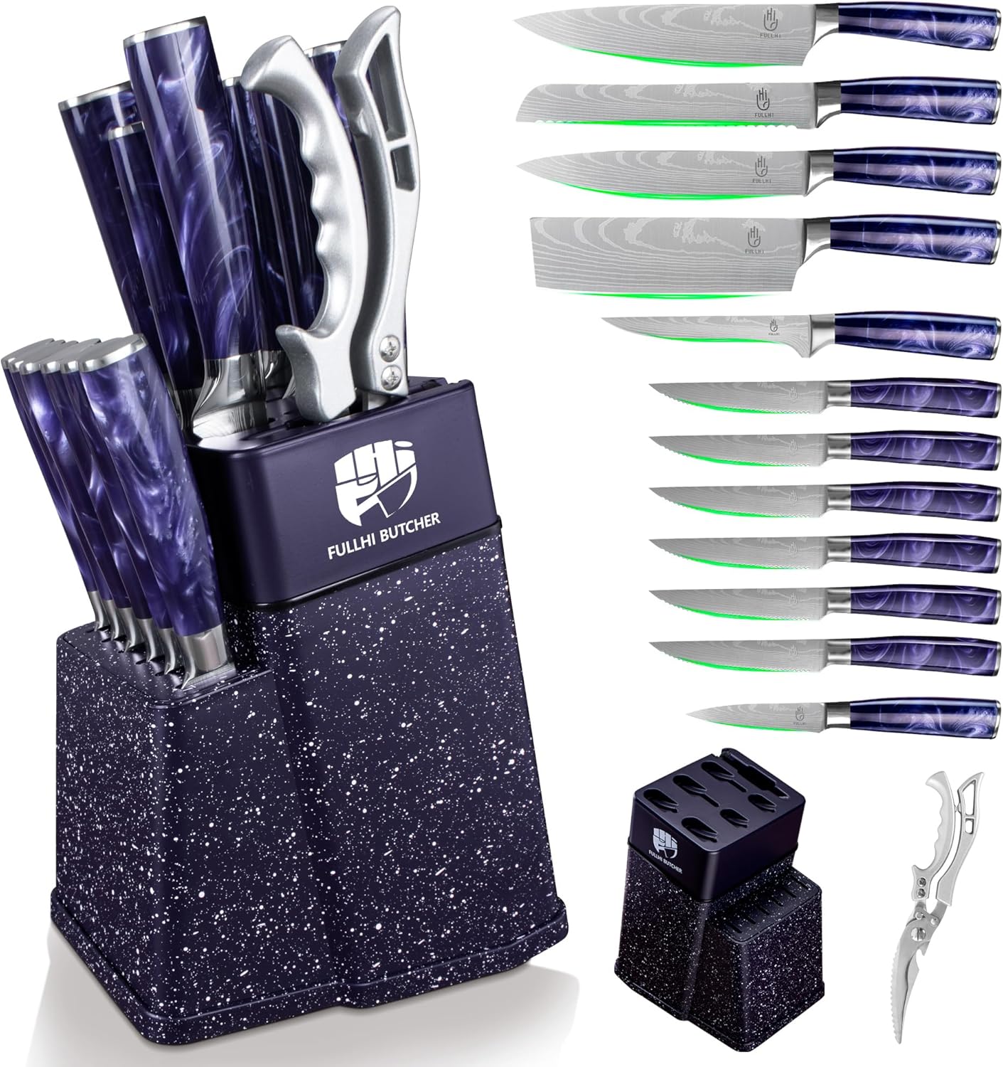 FULLHI 14pcs Block Knife Set, Chef's Knife Steak Knives Set with Block and Sharpener, Kitchen Knife Set, Multi-colour Handle, Gifts for Men Women