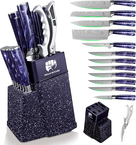 FULLHI Juego de cuchillos de cocina de 14 piezas, cuchillos de chef con bloque y afilador, juego de cuchillos de cocina, mango multicolor, regalos