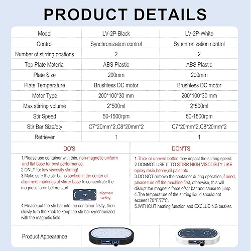 Miniatura 4 de Agitador magnético doble, placa de agitación magnética de 2 posiciones de 3000 rpm, 2 agitadores magnéticos multiposición de 16.9 fl oz con 4 barras