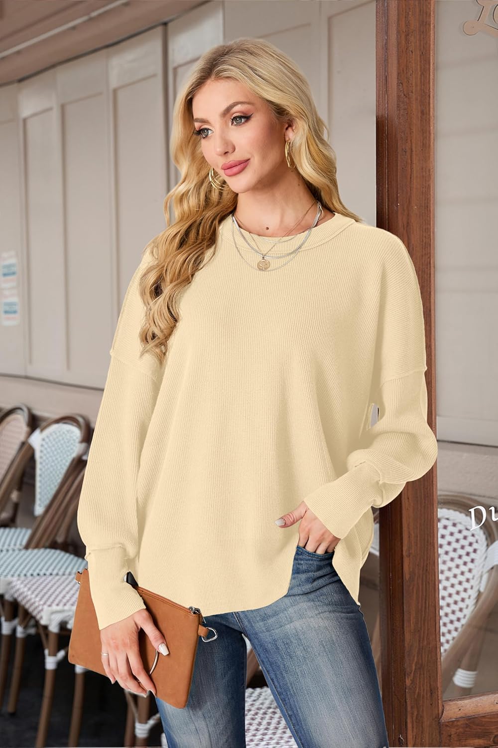 Womens Crewneck Batwing Long Sleeve Sweaters Fall 2025 Oversized Side Slit Ribbed Knit Sweaters Pullover Tops - Image 2