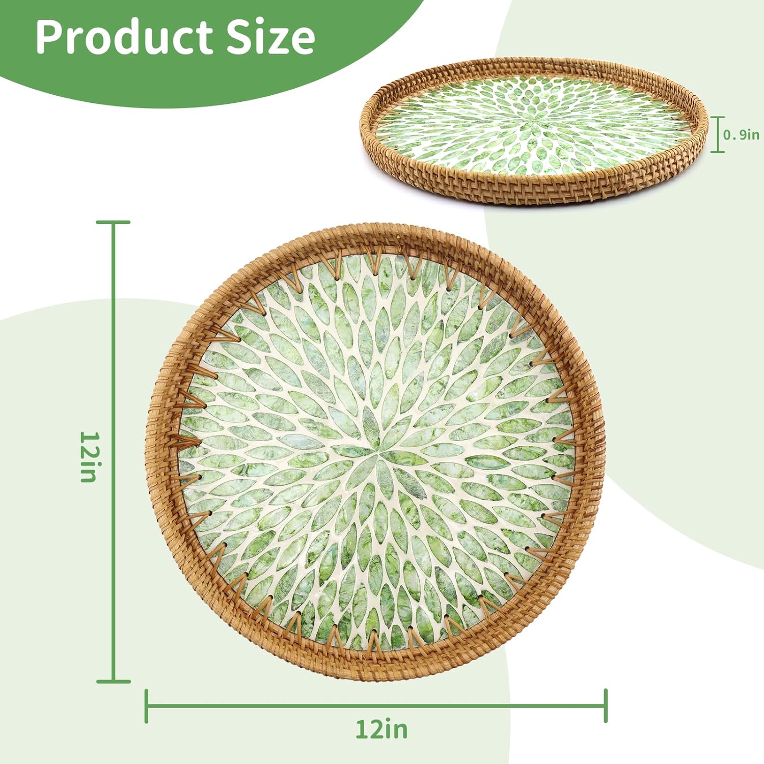 Round Rattan Tray with Mother of Pearl Inlay, Decorative Rattan Serving Tray for Home Boho Decor, Coffee Table, Bread, Food, Tea Ottoman Trays, Fruit Wicker Basket,100% Natural Materials Green- 12" - Image 6