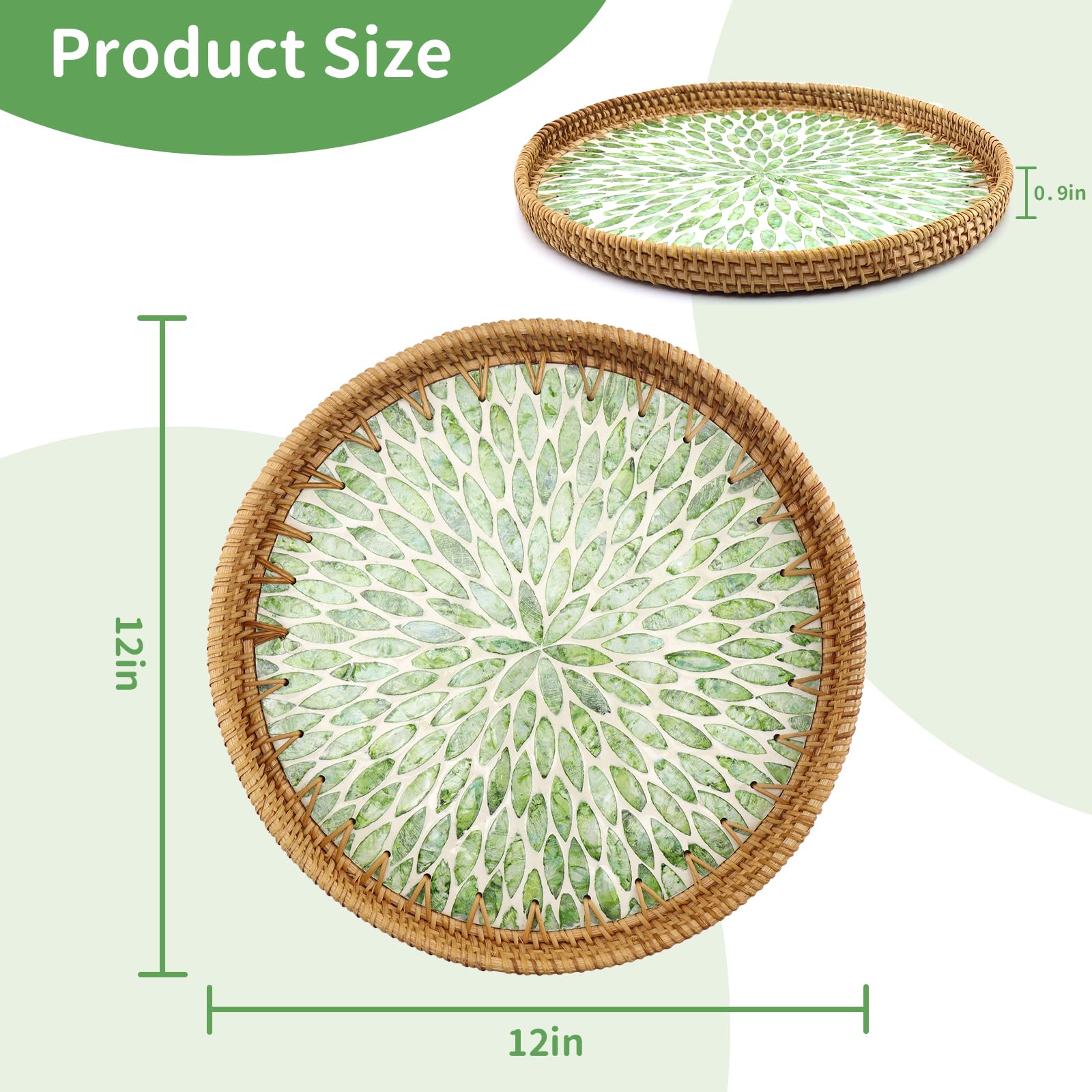 Plateau Rond En Rotin Avec Incrustation De Nacre - Plateau De Service En Osier Fabriqué à La Main Pour Collations, Fruits Et Organisation - Plateau Décoratif Avec Base En Bois (motif Fleur