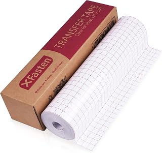 XFasten Clear Transfer Tape for Vinyl, 12" x 100' Transparent Medium-Tack Vinyl Transfer Sheet Roll, w/Red Alignment Grid – Ideal for Self-Adhesive Vinyl Sheet Signs and Sticker Decals | Easy to Weed