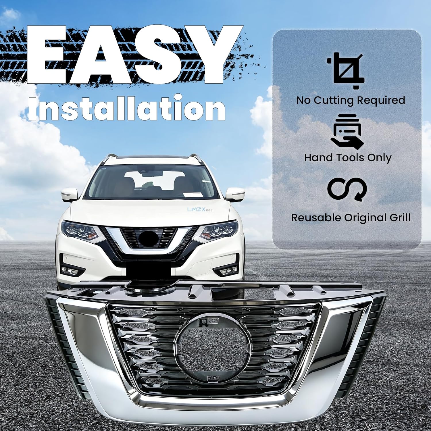 Front Bumper Upper Grille Compatible with 2018 2019 2020 Nissan Rogue Chrome & Black Horizontal Mesh ABS Radiator Grill Replacement Part Grille
