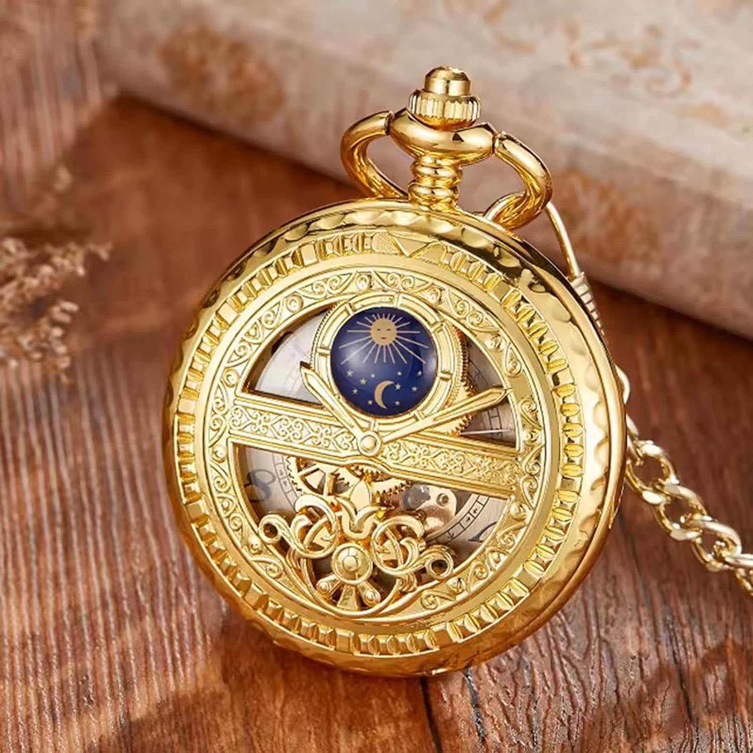 Men's Mechanical Pocket Watch with Roman Numeral dial and Day-Night Skeleton Design, Comes with a Box and Chain, Suitable for Both Men and Women, Available in Black, Gold, and Silver