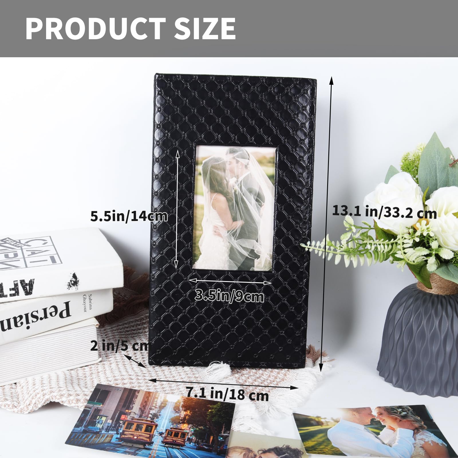 RECUTMS Photo Albums for 4x6 Photos Holds 300, 3 Per Pages Photo Picture Album PU Leather Button Grain Cover, Horizontal Photos Record Family Wedding Anniversary Baby Holiday Travel Album Black