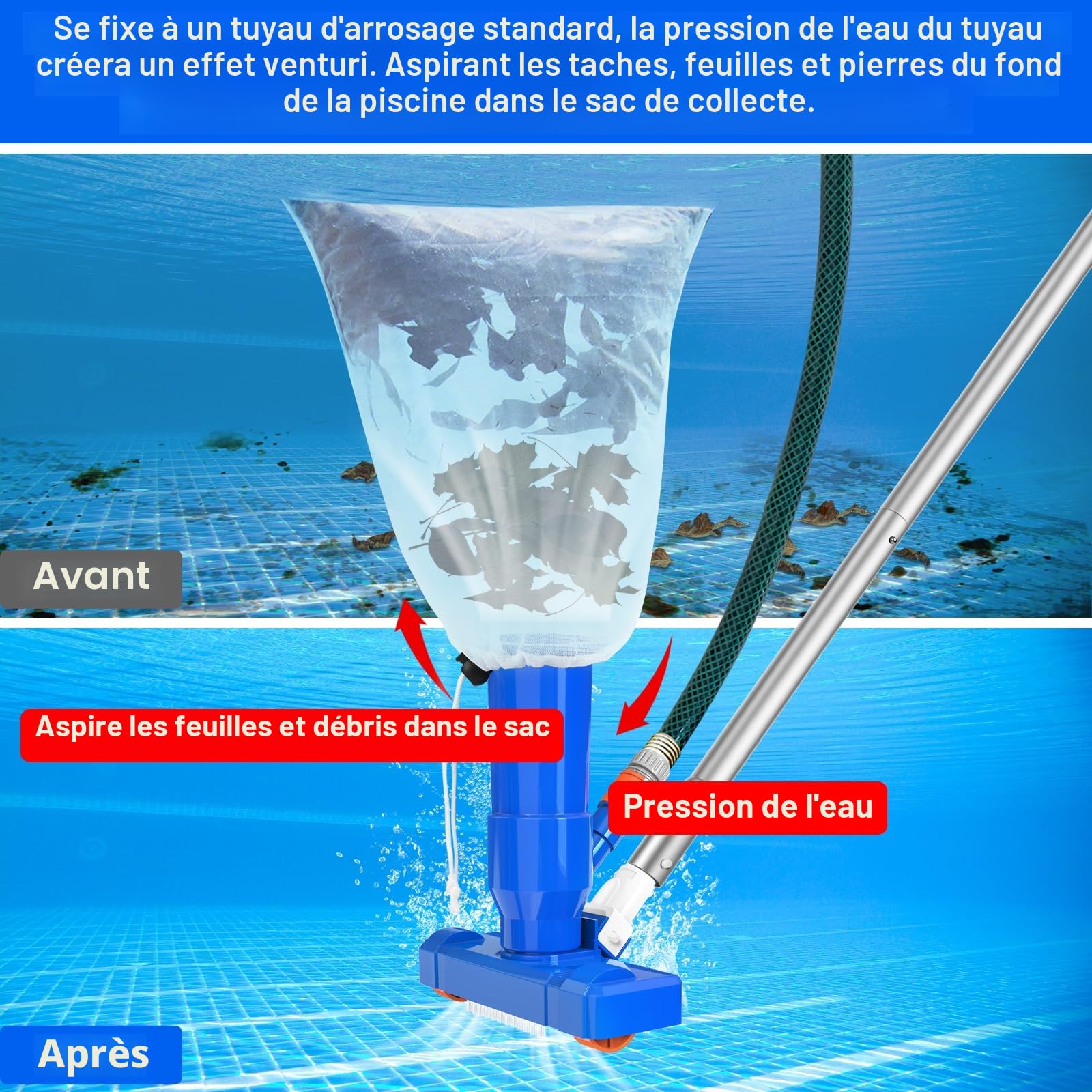 Aspirateur Piscine avec Épuisette de Surface Piscine, 2024 Kit d'entretien De Piscine Aspirateur Portable avec Tige de 150cm pour Étang, Fontaine