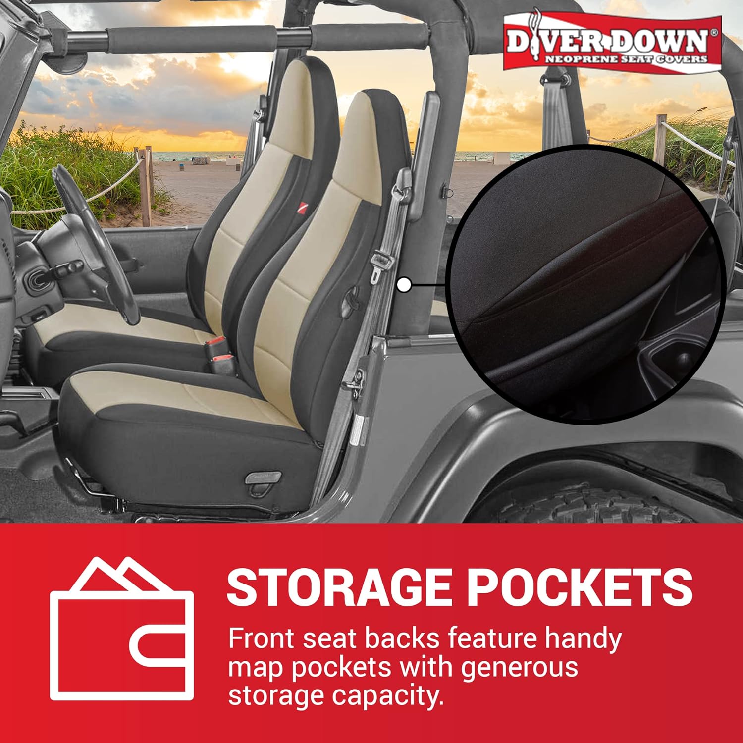 Diver Down Neoprene Seat Cover Set - Fits Jeep TJ 1997-2006 Wrangler - Front and Back Seat Set - Waterproof Custom Fit Seat Covers - Soft Padded Cushion Feel - Thermal Resistant - (Tan, 97-02)