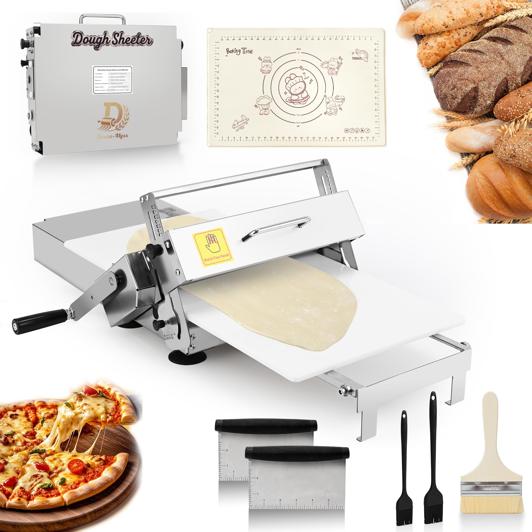 Photo 1 of 12" Folding Dough Sheeter, Includes 23.6" x 11.8" Sheeter Board, Dough Mat(23.6" x 15.8"), 2 Scrapers, 2 Pastry Brushs, Wool Brush, Manual Dough Roller with 55 Thickness Settings, Stainless Steel