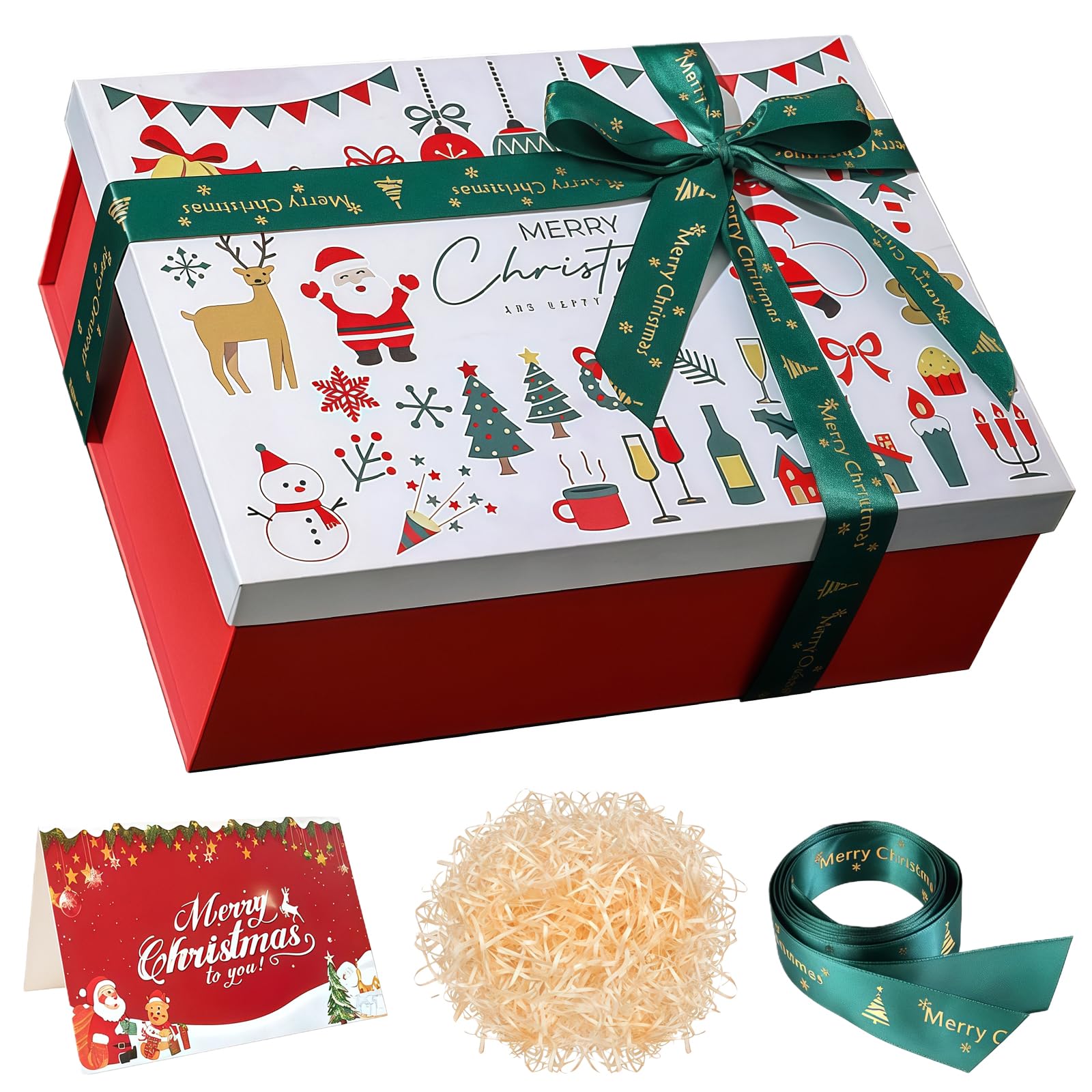 Large Gift Box with Lids Christmas 29x21x10.5cm,Green Christmas Eve Box for Kids Adults Present Boxes with Ribbon Card Large Reusable Luxury Storage Box for Xmas Holiday Gifts Packaging