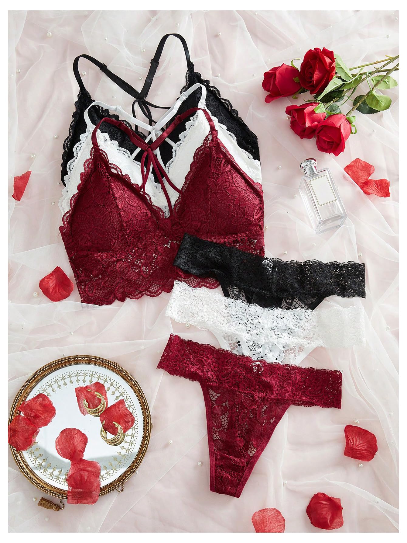 Verdusa Women's Lingerie Sets 6 Piece Lace Bow Floral Underwear Bras Wireless Padded Bra and Panty Set: Medium Burgundy
