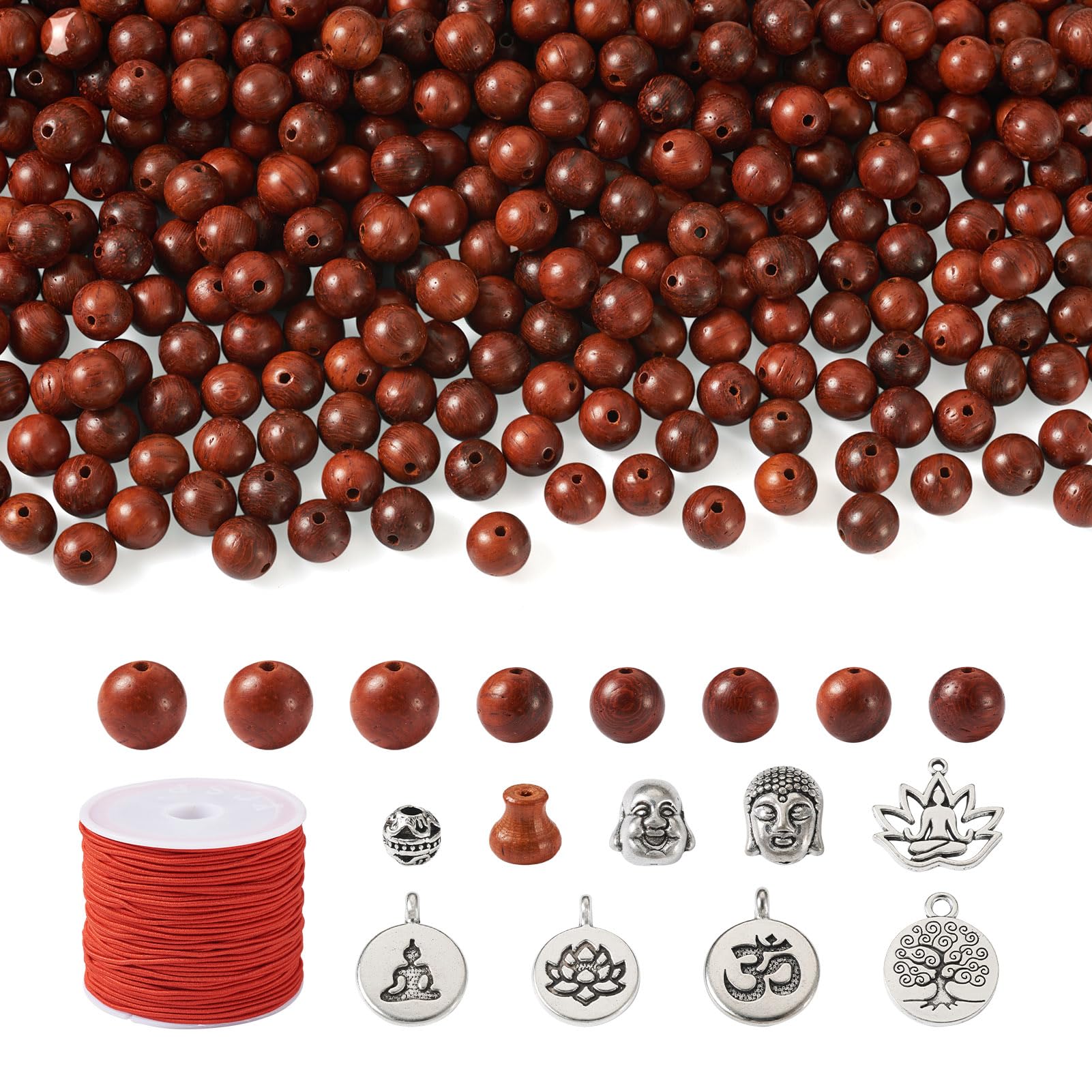 Crafans DIY Buddhist Mala Bead Kit - Tibetan Wooden Buddha Head Spacer Vase Antique Silver Beads For Bracelet Jewelry Making