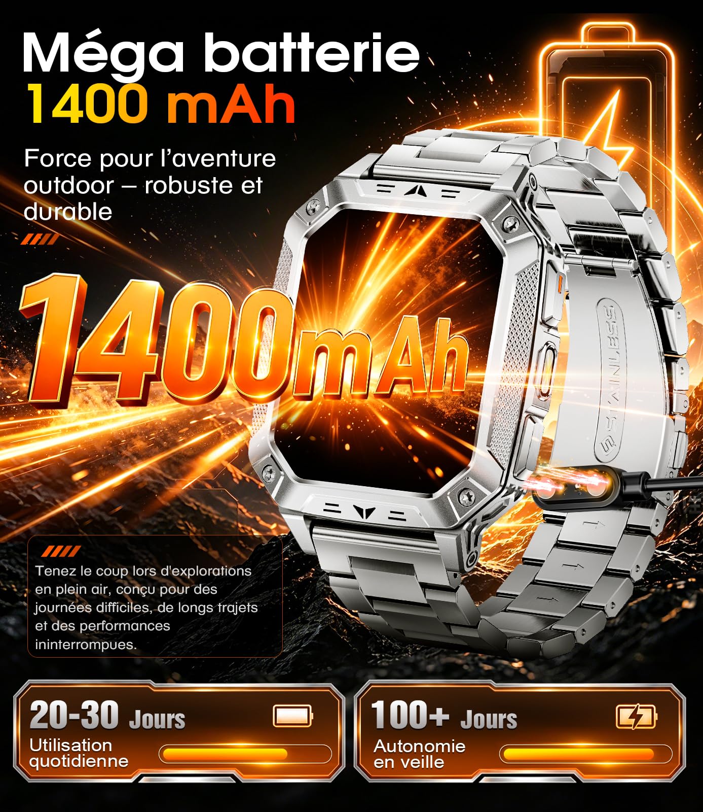 SUNKTA Montre Connectée Homme 1400mAh, 2.01'' Smartwatch avec LED Lampe, 110+ Modes Sportifs, Étanchéité IP68, Appels Bluetooth Smartwatch Militaire, Surveillance Cardiaque 24H,Sommeil, SpO2