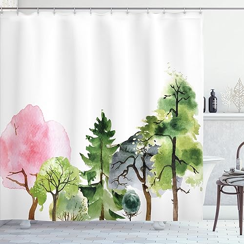 Miniatura 118 de Ambesonne Cortina de ducha hawaiana, diseño de hibisco hawaiano tropical, silueta de niña, tabla de surf, impresión de arte retro, juego de Fucsia