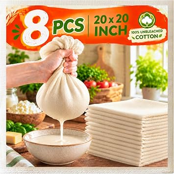 8-Pack Unbleached Cheese Cloths 20x20Inch, Hemmed Cheesecloth for Straining
